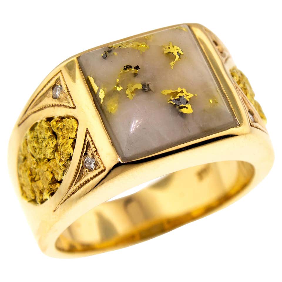 Natural Gold Bearing Quartz and Gold Nugget 14 Karat Gold Men’s Ring at ...