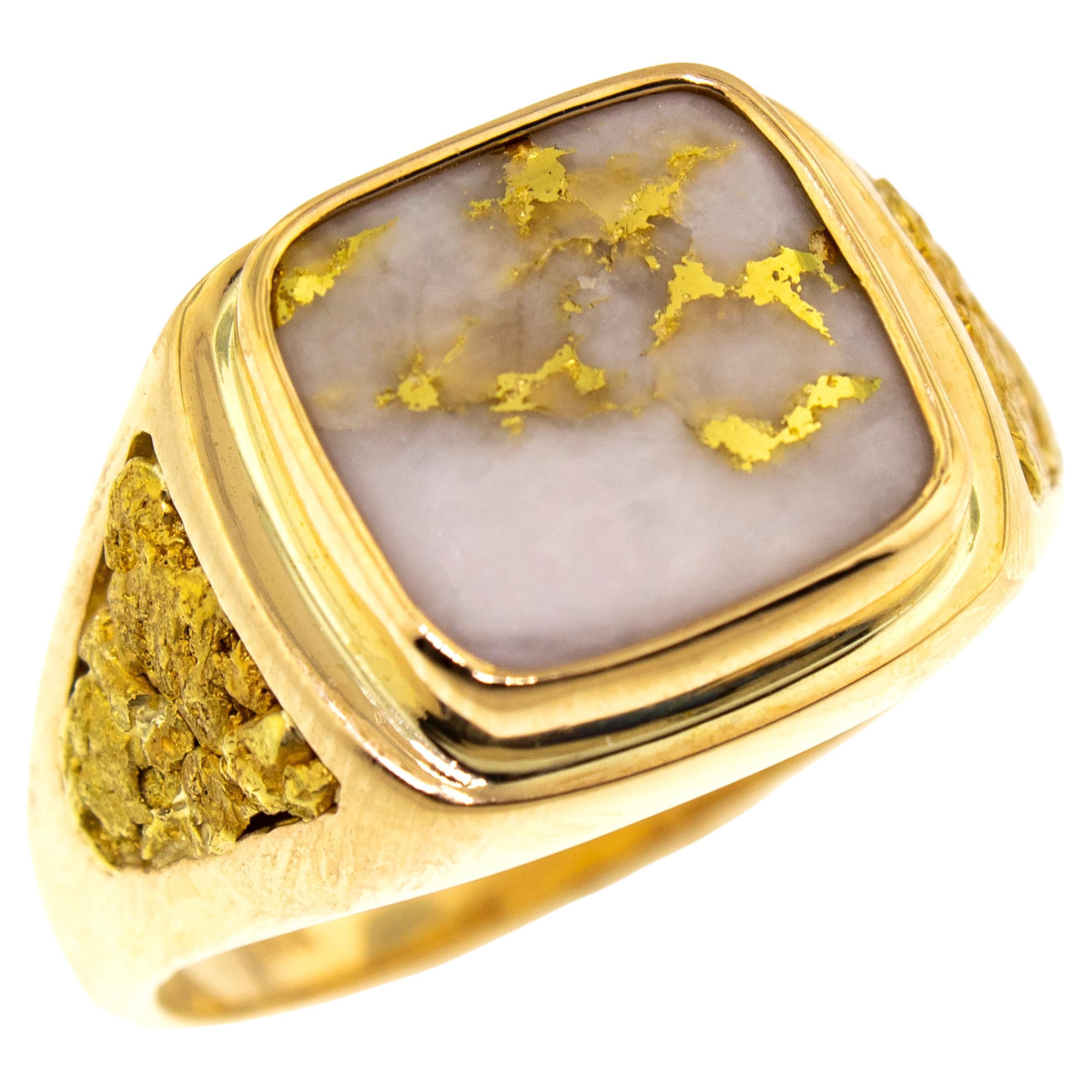 En vente :  Bague personnalisée pour homme en or 18 carats, or naturel, quartz et pépite d'or