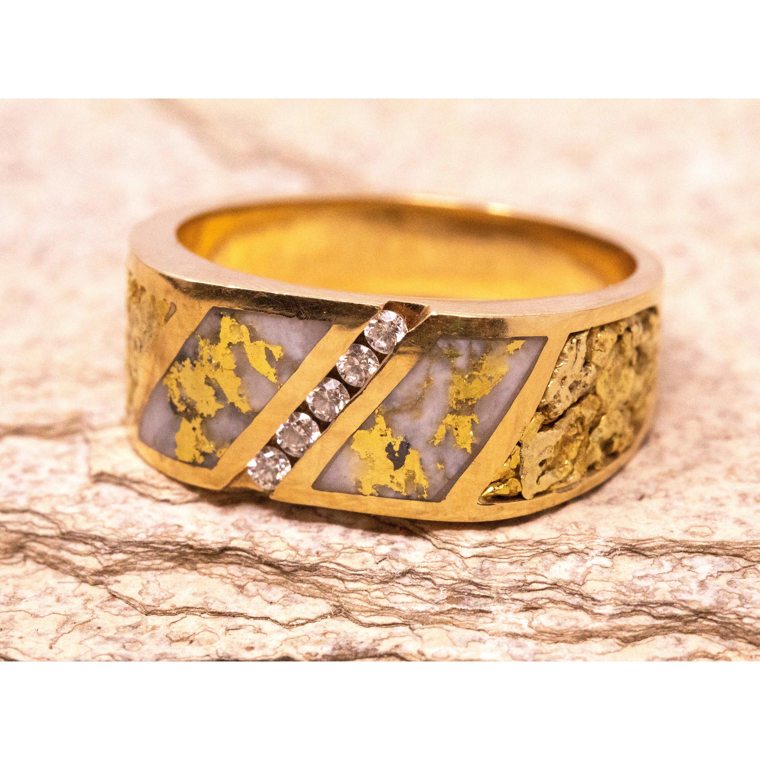 The perfect balance of elegant and understated, this natural gold bearing quartz and gold nugget men's ring makes a gorgeous statement without too much noise. The classic shape and styling are a perfect foil to the unusual and masculine material
