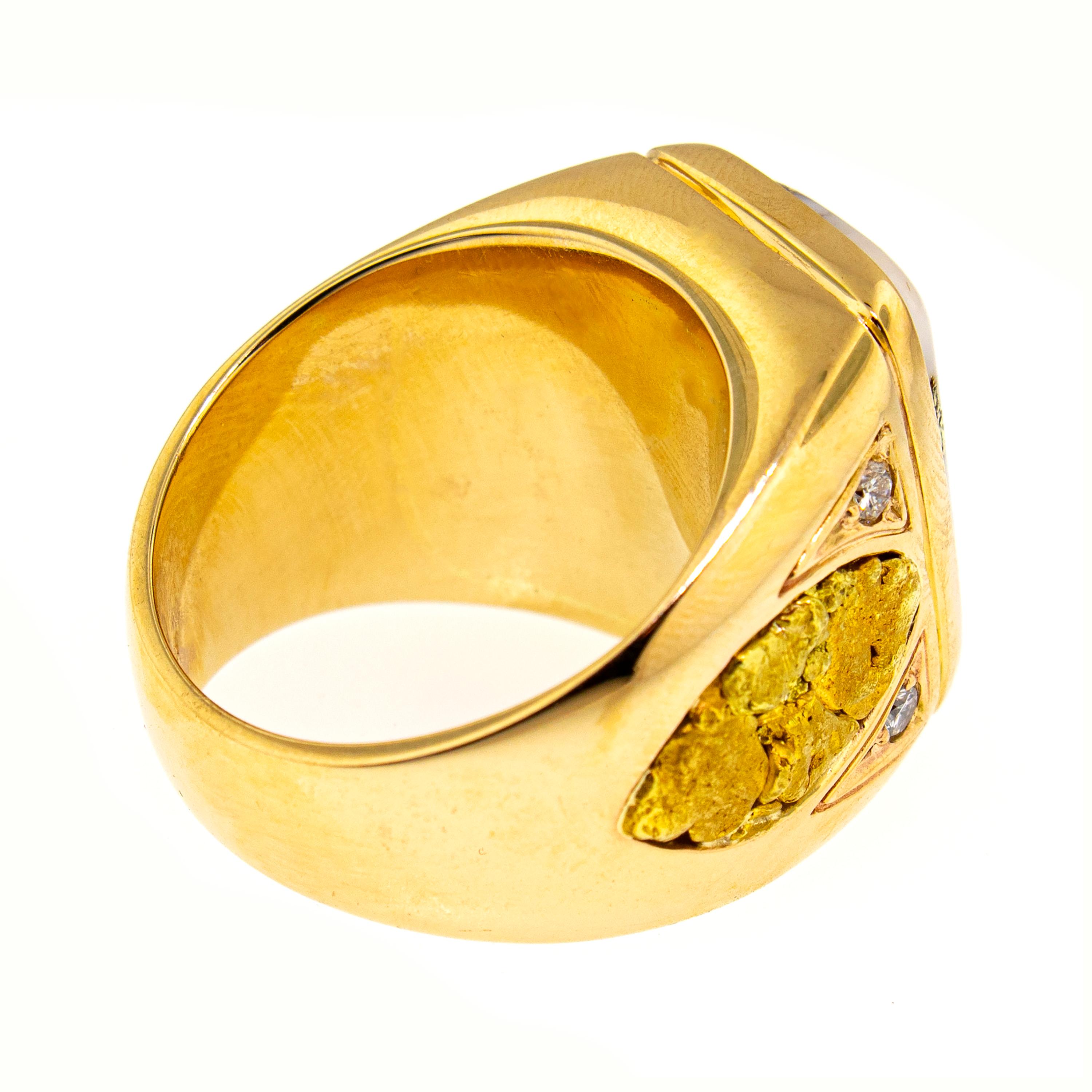 For Sale:  Natural Gold in Quartz, Gold Nugget, and Diamond 14kt Gold Men's Custom Ring 6