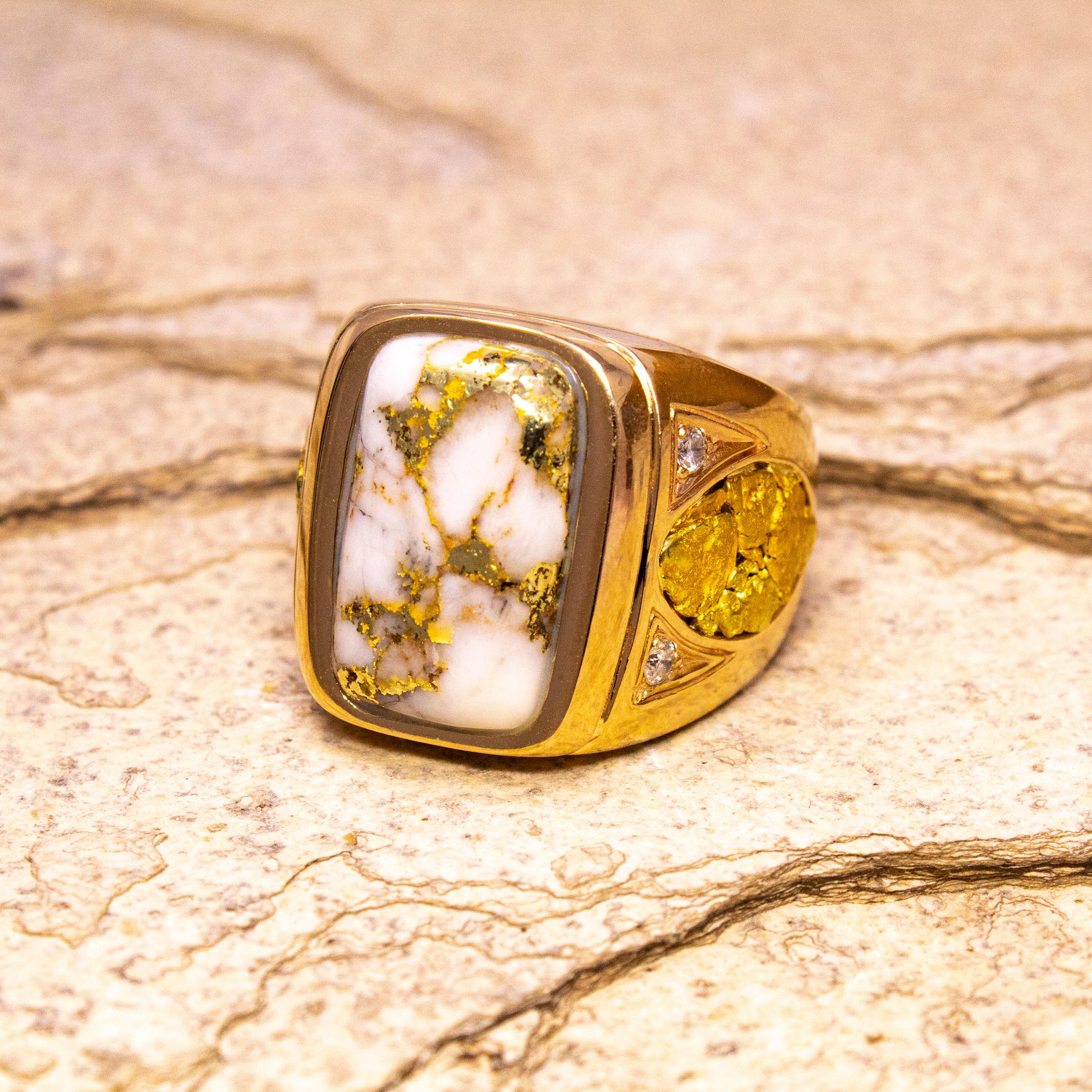 For Sale:  Natural Gold in Quartz, Gold Nugget, and Diamond 14kt Gold Men's Custom Ring 2