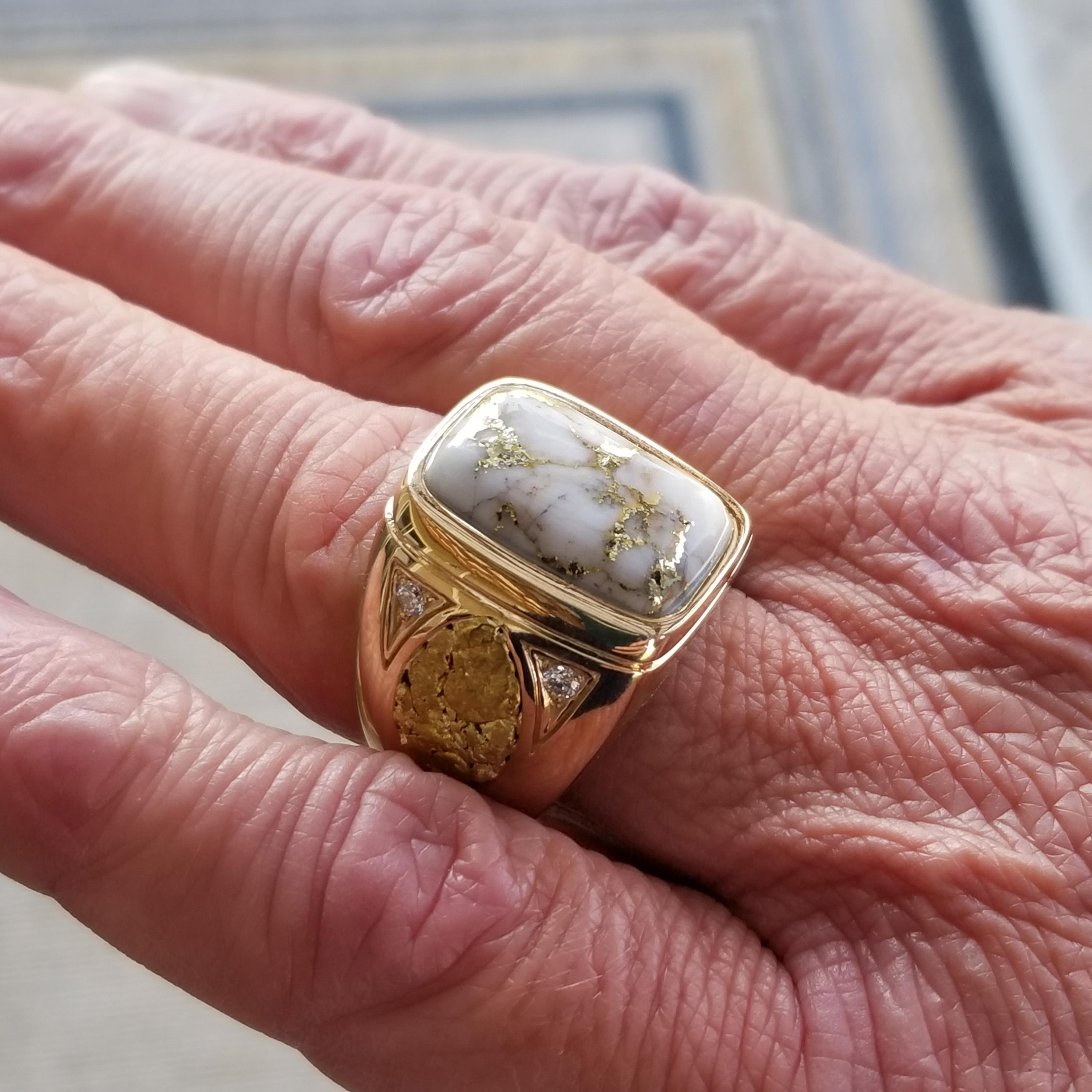 For Sale:  Natural Gold in Quartz, Gold Nugget, and Diamond 14kt Gold Men's Custom Ring 3