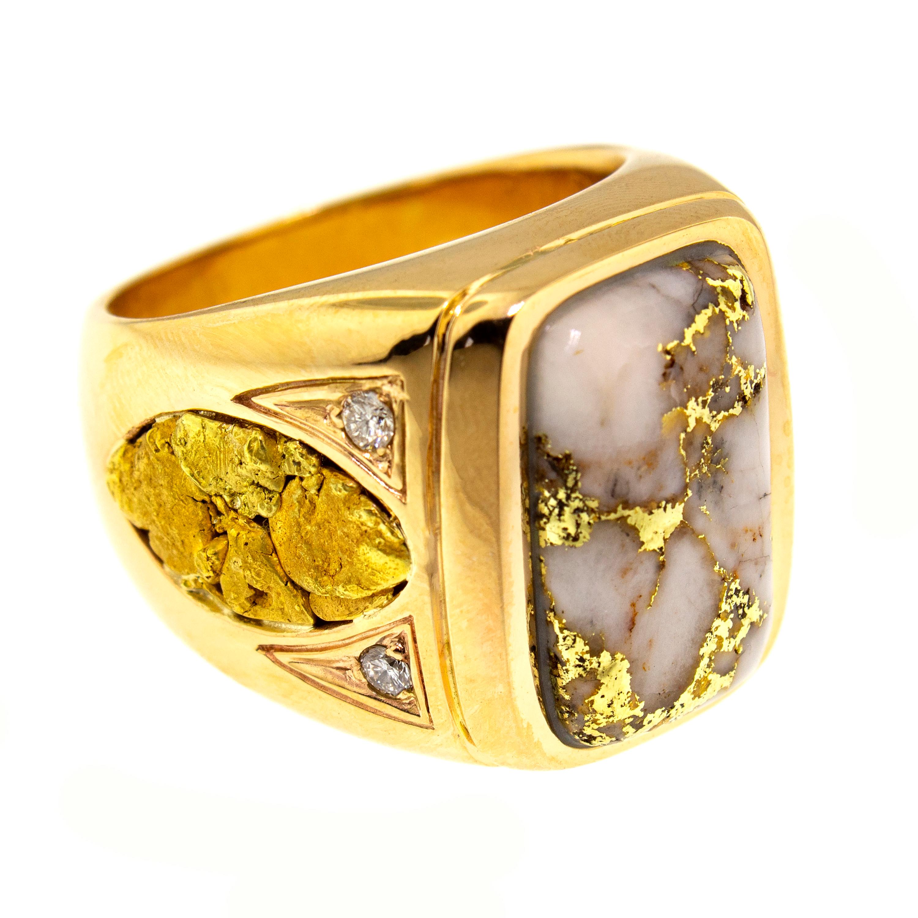 For Sale:  Natural Gold in Quartz, Gold Nugget, and Diamond 14kt Gold Men's Custom Ring 4