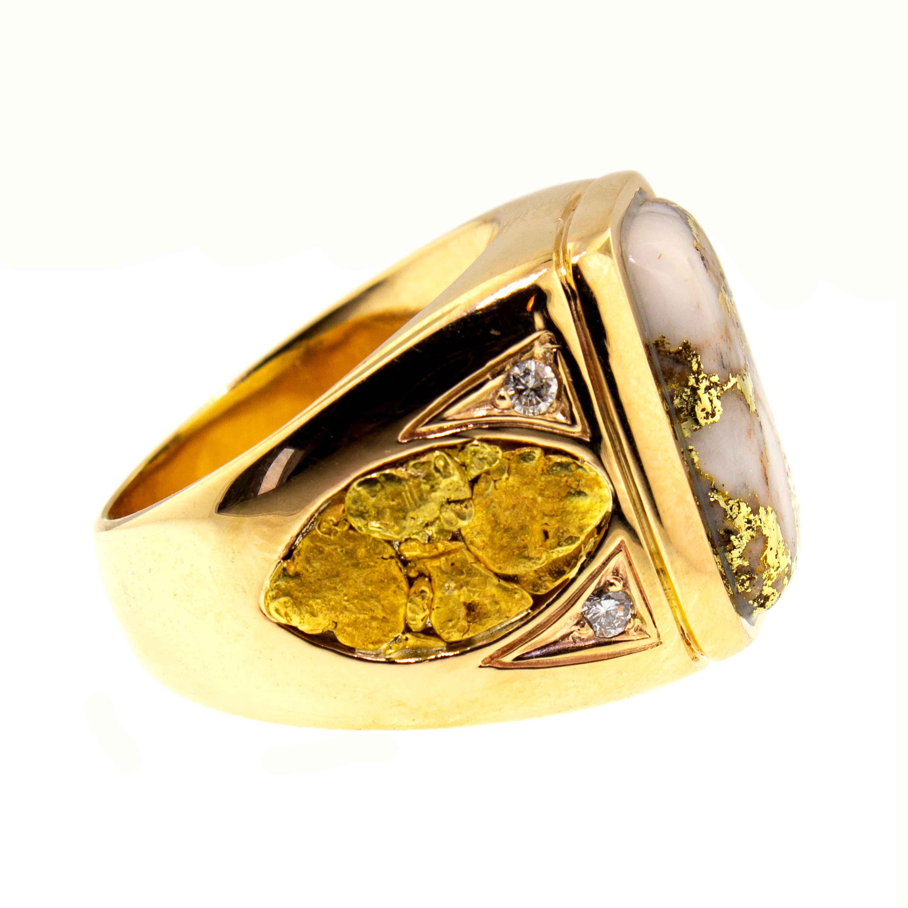 For Sale:  Natural Gold in Quartz, Gold Nugget, and Diamond 14kt Gold Men's Custom Ring 5