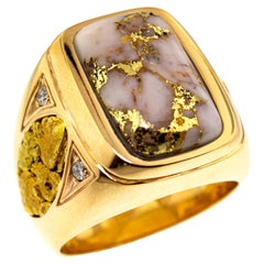 Used Natural Gold in Quartz, Gold Nugget, and Diamond 18kt Gold Men's Custom Ring