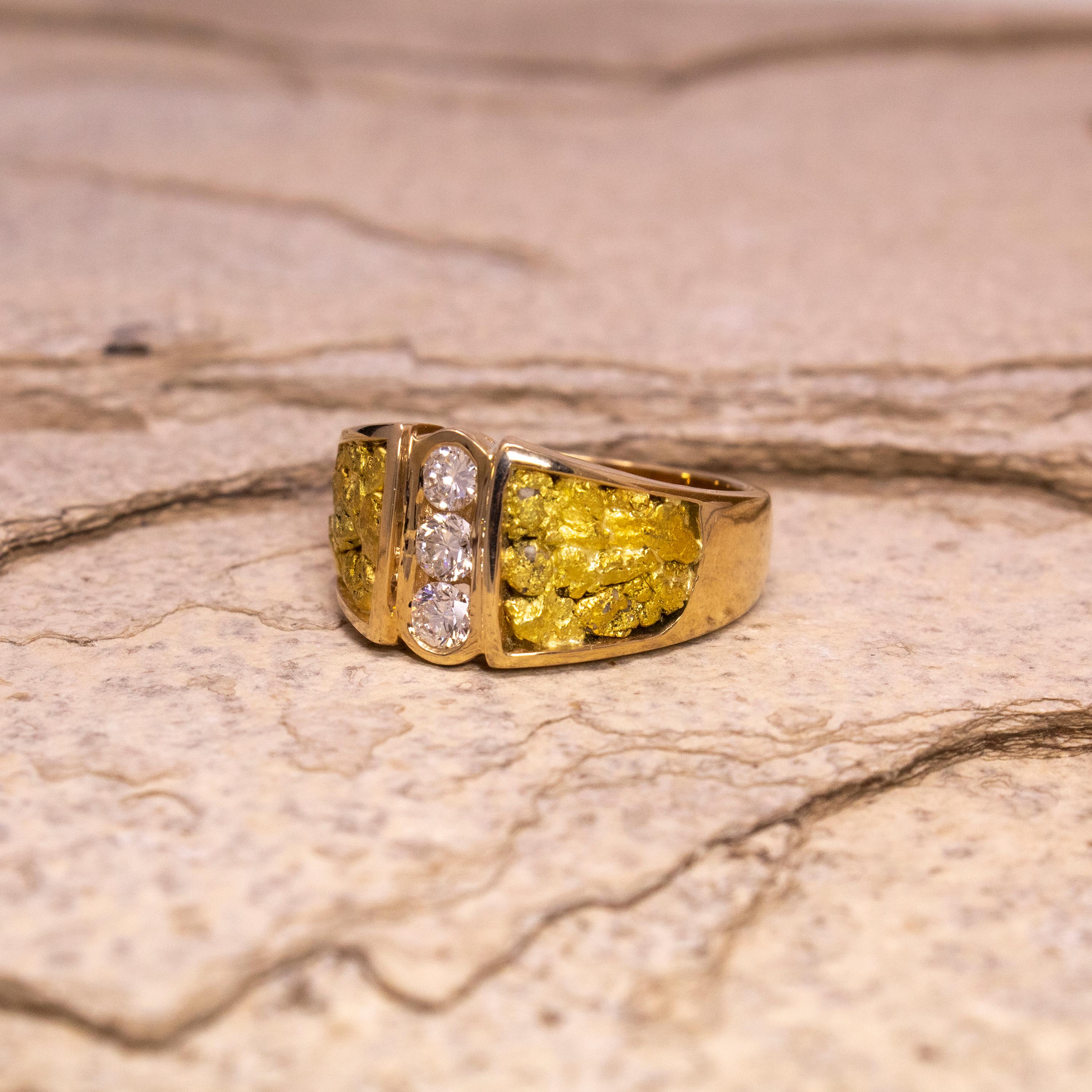 For Sale:  Natural Gold Nugget and Diamond 14 Karat Gold Men’s Custom Band Ring 2