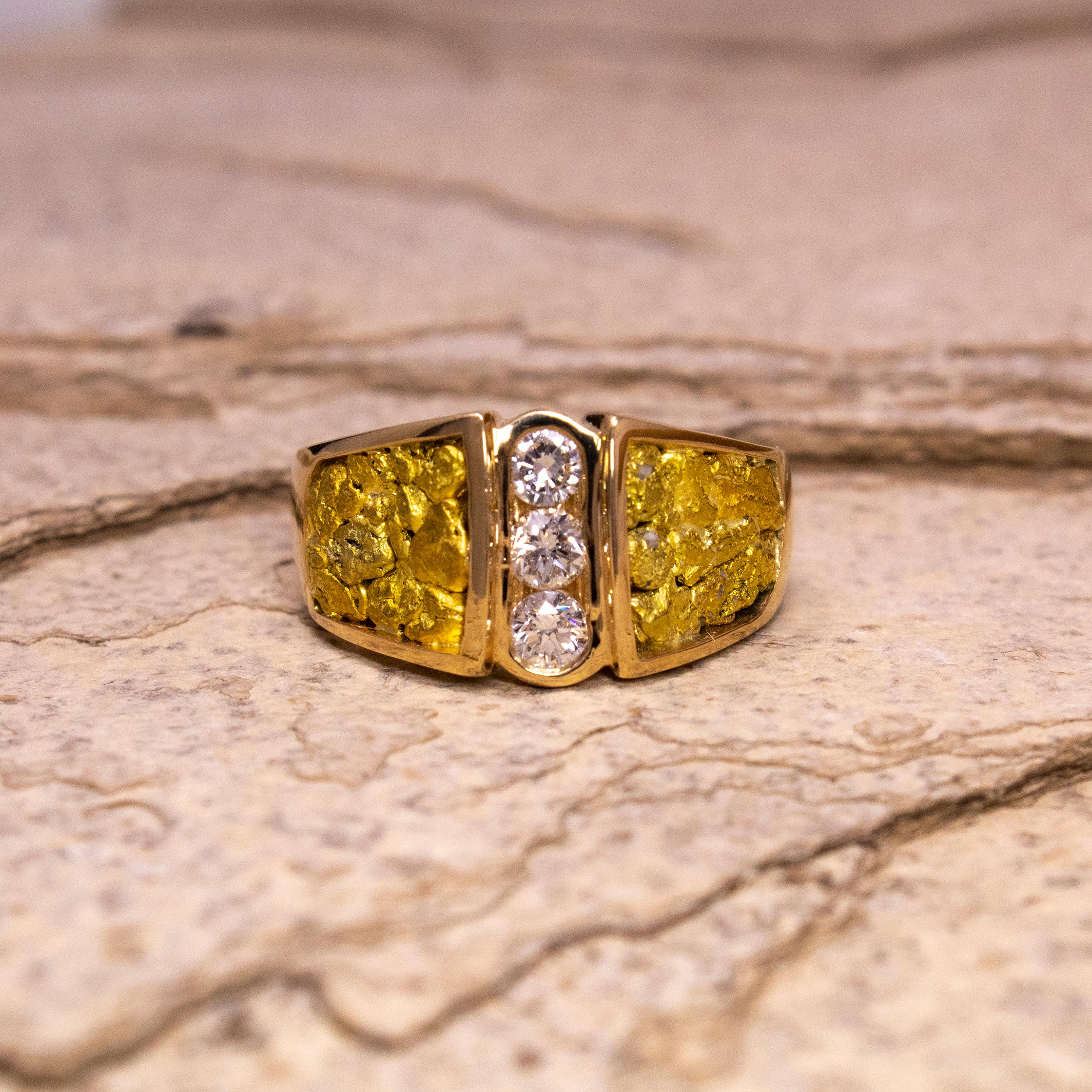 For Sale:  Natural Gold Nugget and Diamond 14 Karat Gold Men’s Custom Band Ring 3