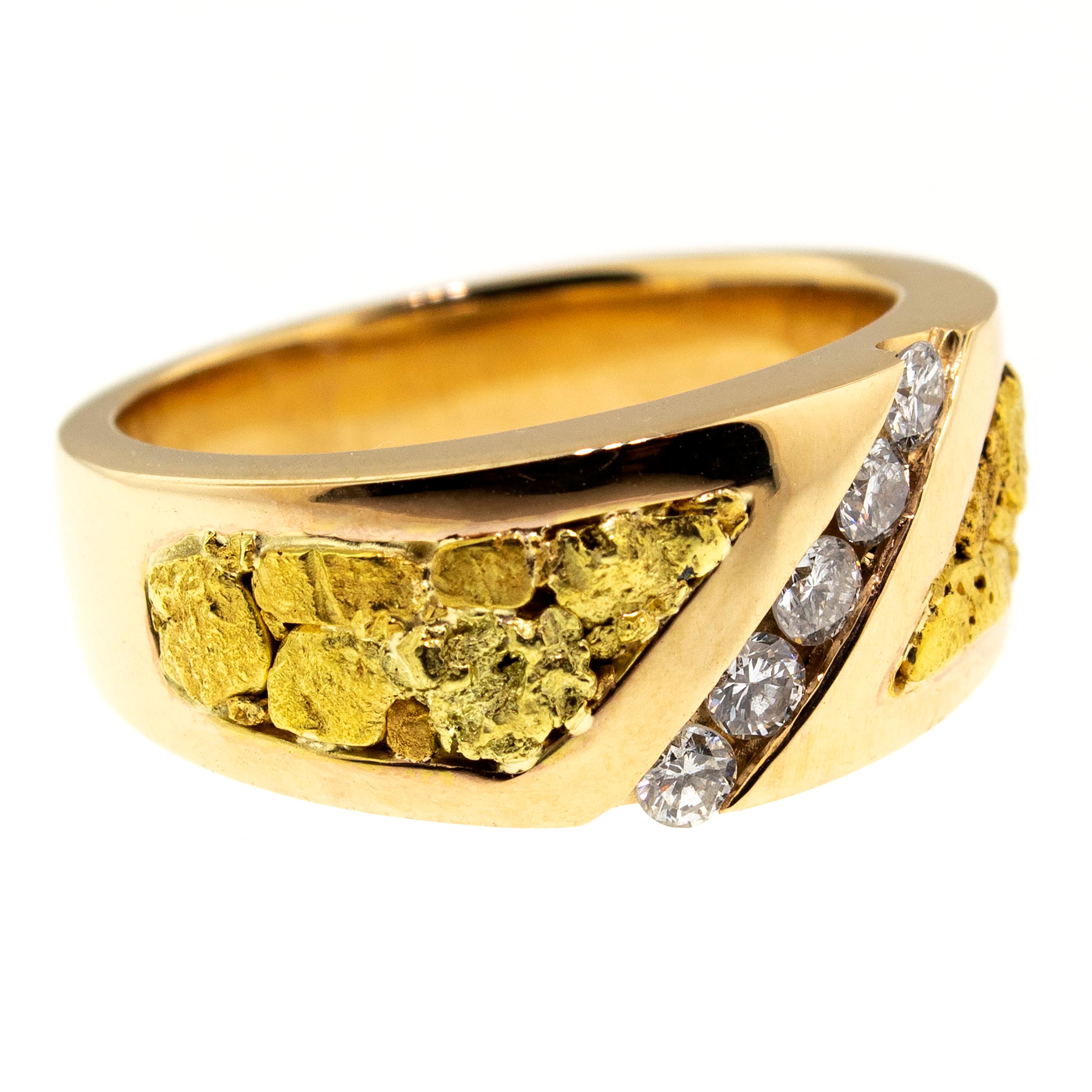 For Sale:  Natural Gold Nugget and Diamond 14 Karat Gold Men’s Custom Band Ring 4