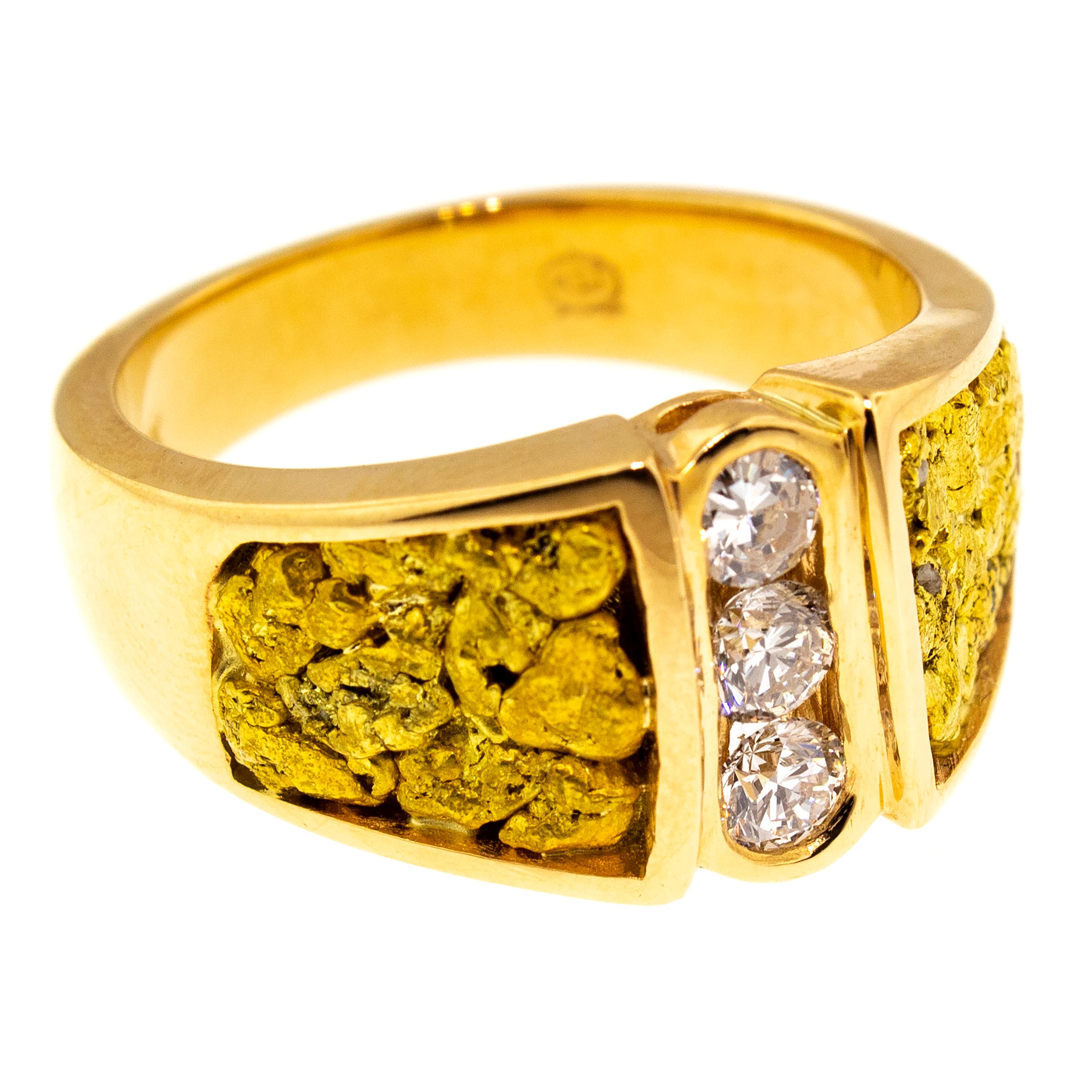 For Sale:  Natural Gold Nugget and Diamond 14 Karat Gold Men’s Custom Band Ring 5