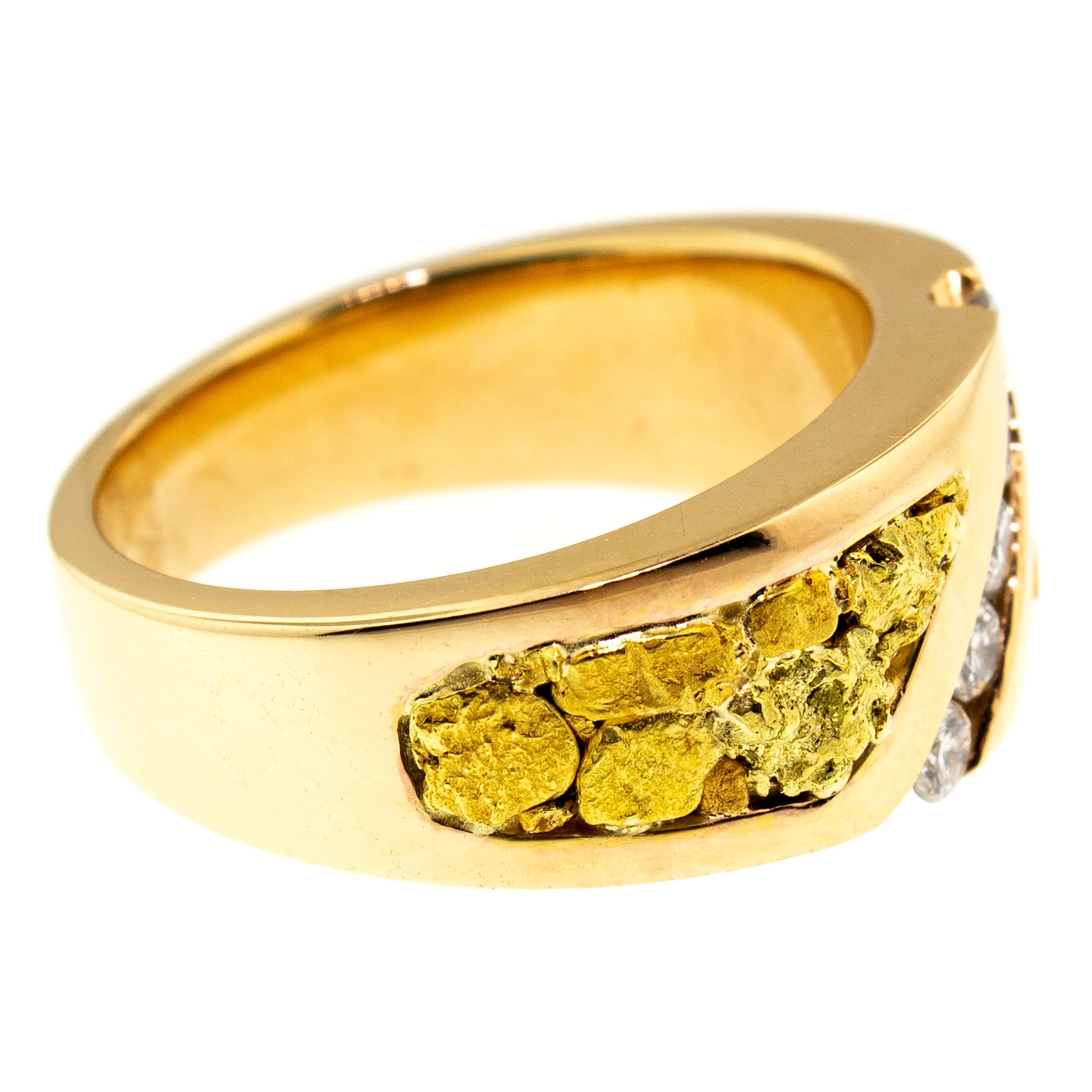 For Sale:  Natural Gold Nugget and Diamond 14 Karat Gold Men’s Custom Band Ring 5