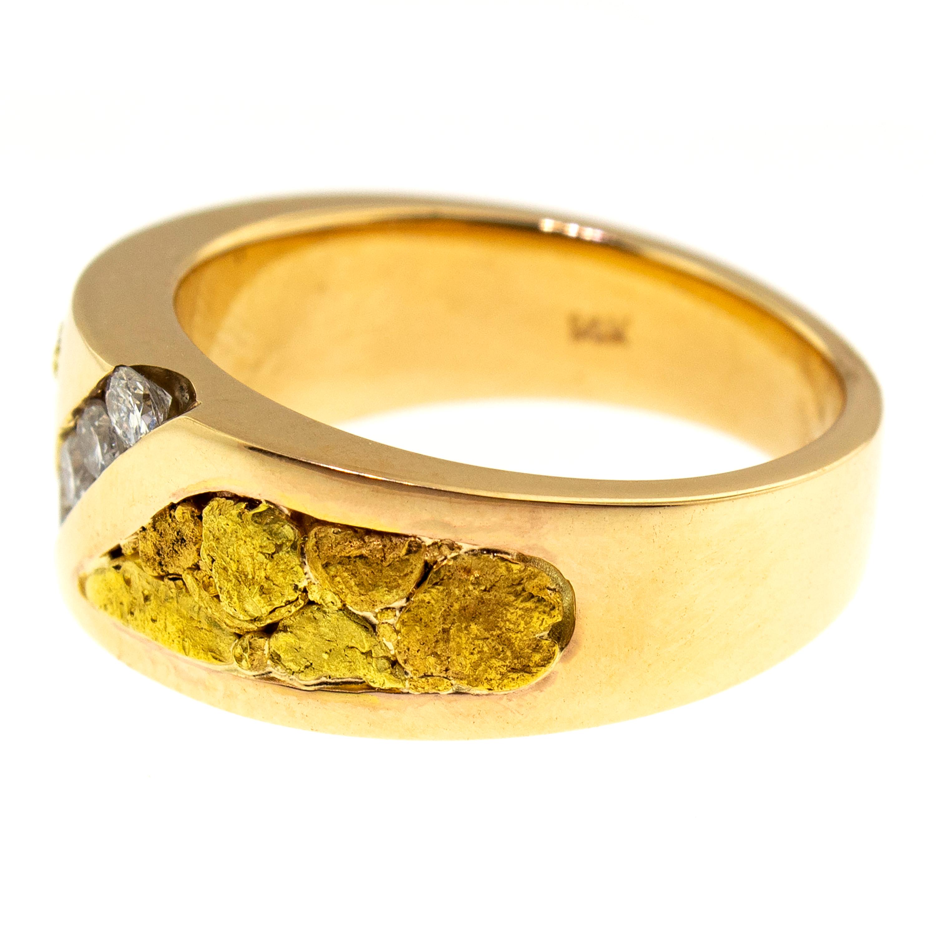For Sale:  Natural Gold Nugget and Diamond 14 Karat Gold Men’s Custom Band Ring 6