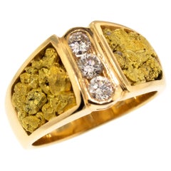 Bague à anneau personnalisée pour homme en or 14 carats, pépite d'or naturel et diamant