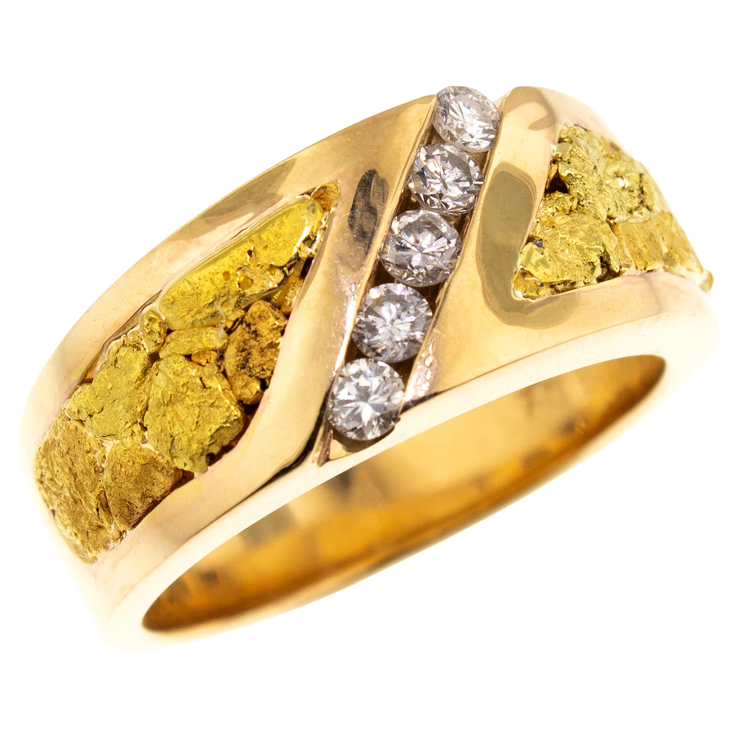 For Sale:  Natural Gold Nugget and Diamond 14 Karat Gold Men’s Custom Band Ring