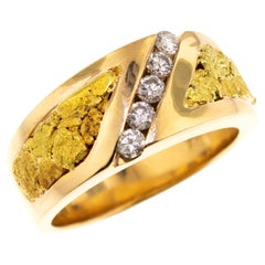 Bague à anneau personnalisée pour homme en or 14 carats, pépite d'or naturel et diamant