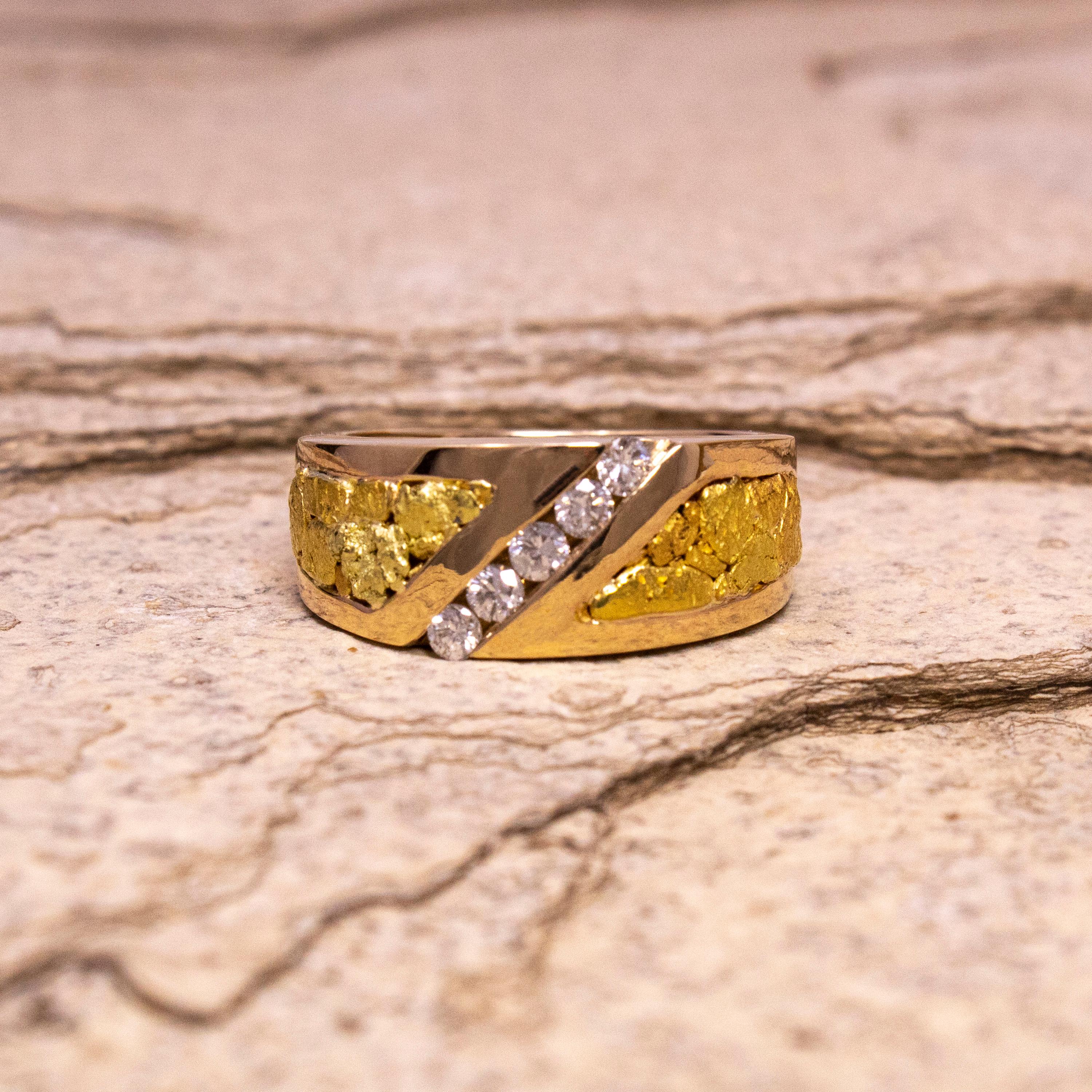 For Sale:  Natural Gold Nugget and Diamond 18 Karat Gold Men’s Custom Band Ring 3