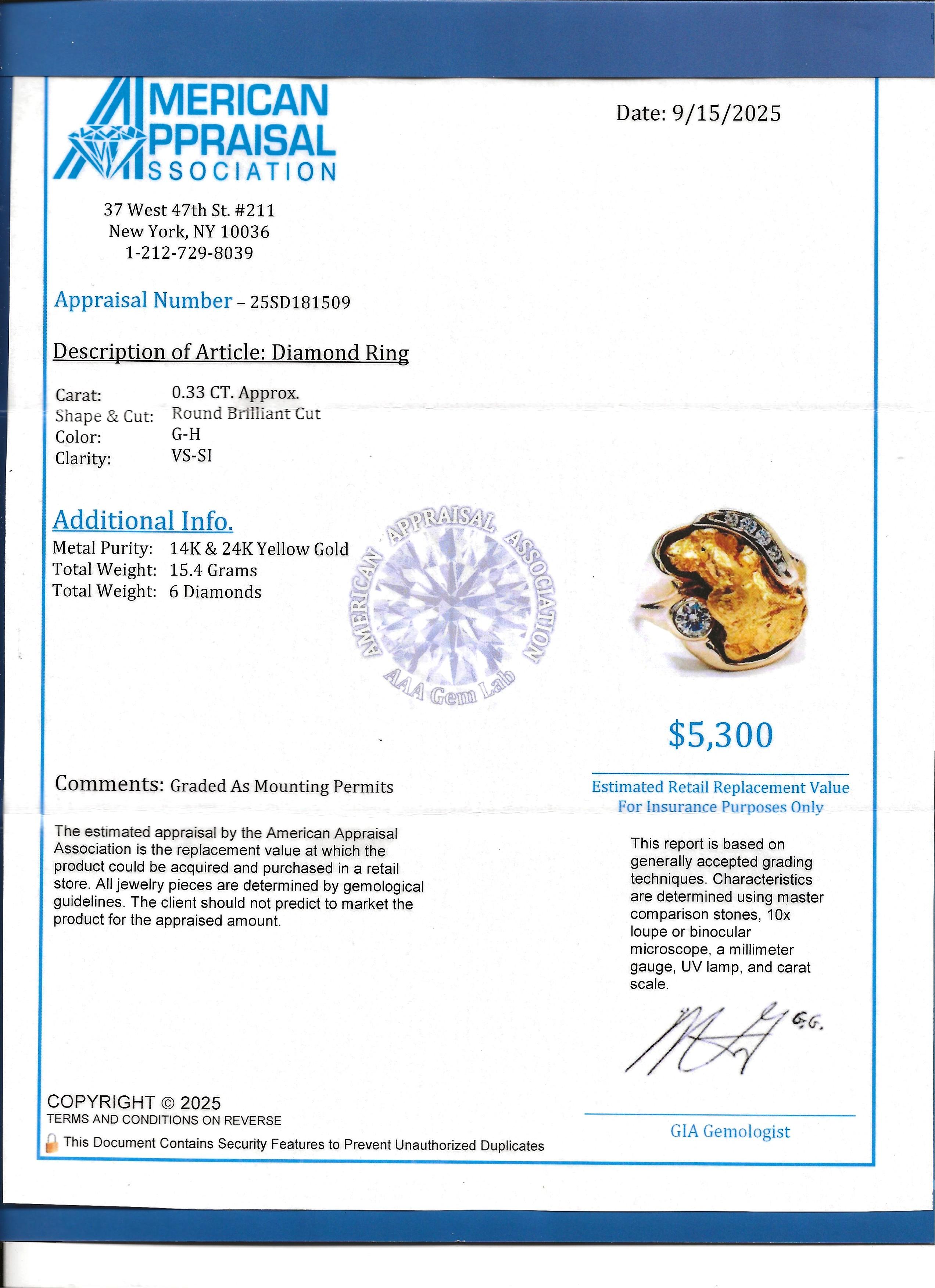 Anillo Cóctel Pepita de Oro Natural con Diamantes Redondos en Oro Amarillo de 14 Kilates en venta 8