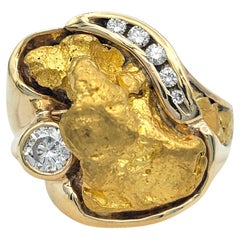 Natural Gold Nugget Cocktail Ring with Round Diamonds in 14 Karat Yellow Gold