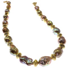 Gemjunky Natural Golden Baroque Pearls with Gold Accents Necklace