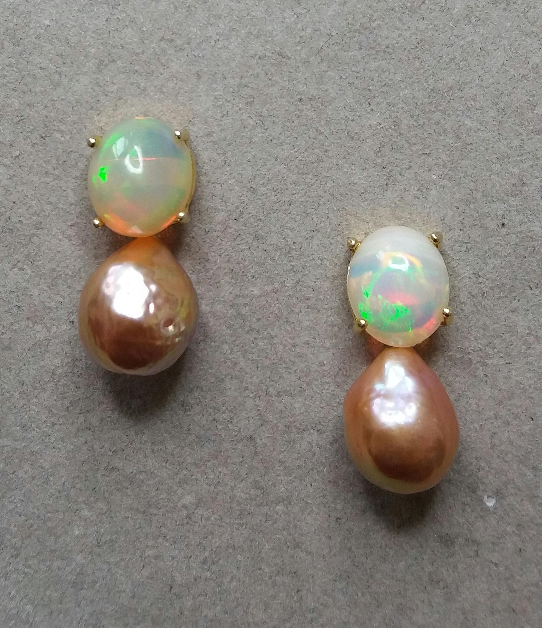 Natural Golden Color Baroque Pearls Solid Opal Cabochons Yellow Gold Earrings 3