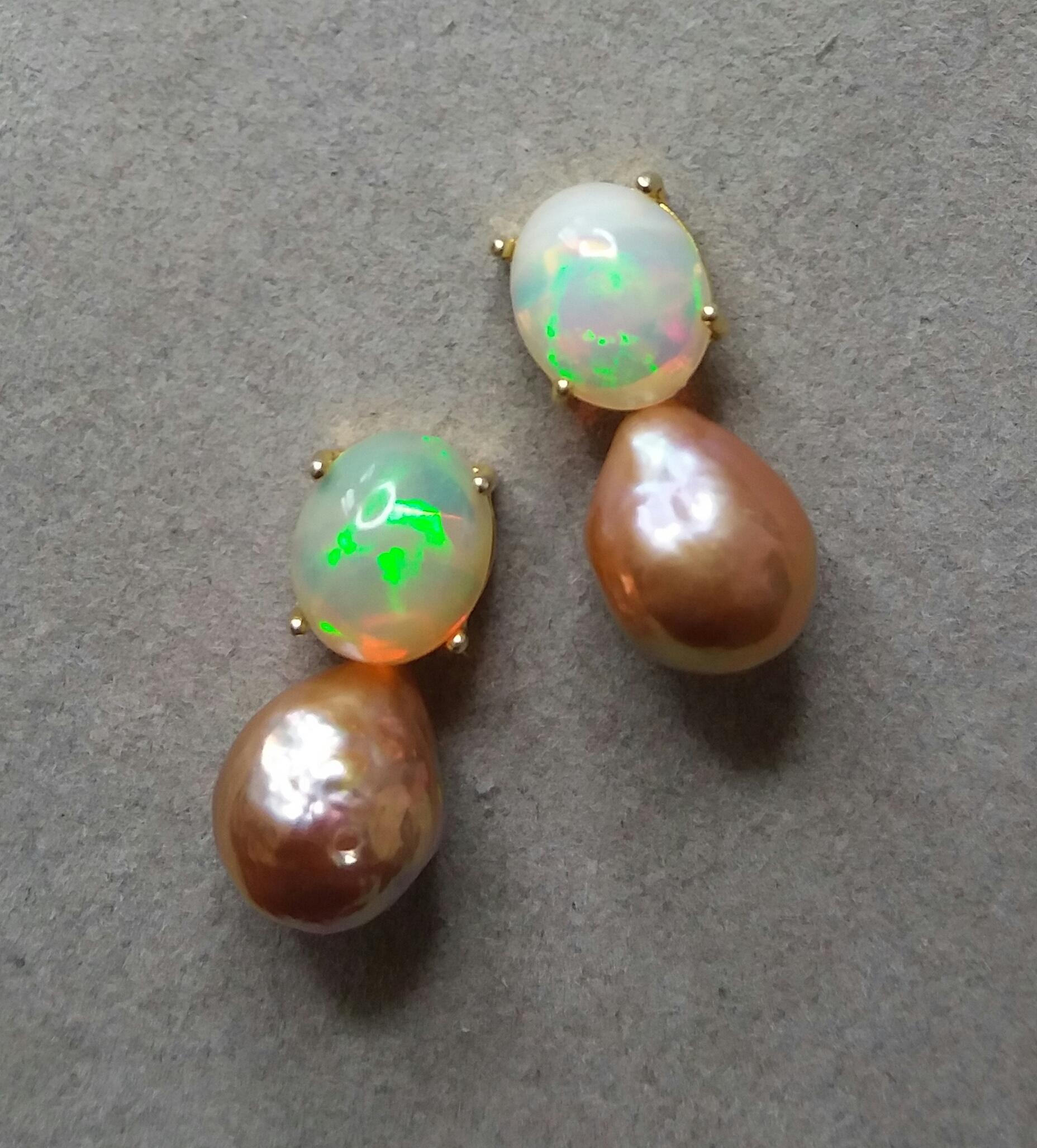 Natural Golden Color Baroque Pearls Solid Opal Cabochons Yellow Gold Earrings 4