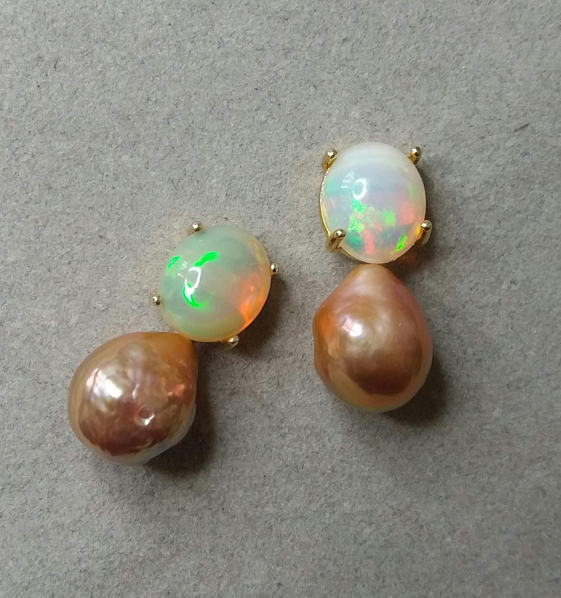 Natural Golden Color Baroque Pearls Solid Opal Cabochons Yellow Gold Earrings 5
