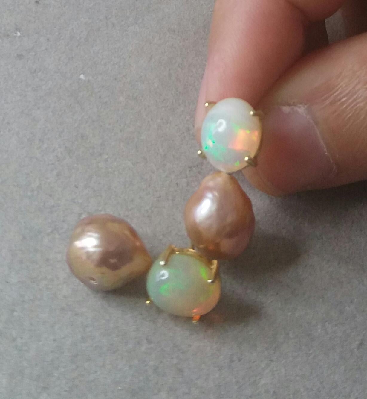 Natural Golden Color Baroque Pearls Solid Opal Cabochons Yellow Gold Earrings For Sale 8