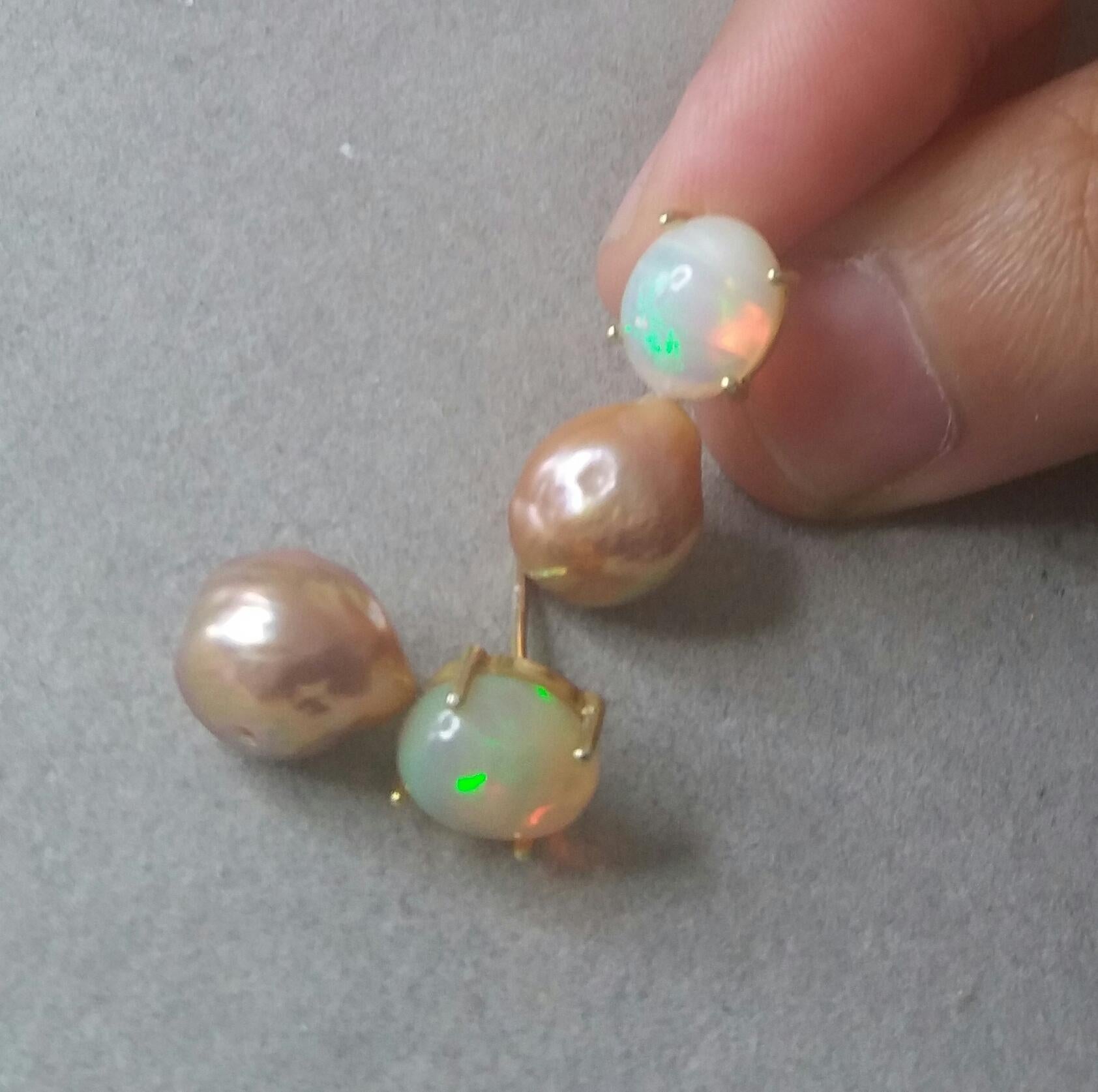 Contemporary Natural Golden Color Baroque Pearls Solid Opal Cabochons Yellow Gold Earrings For Sale