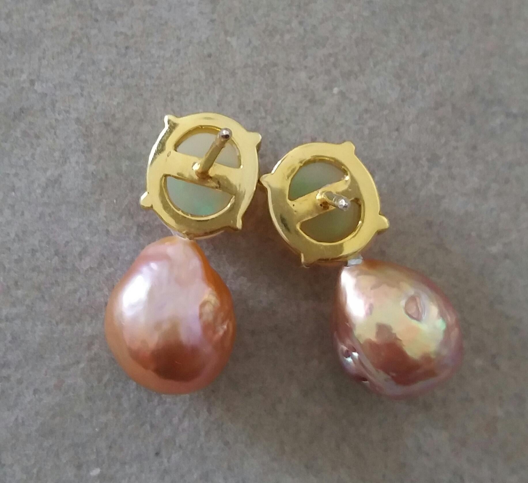 Contemporary Natural Golden Color Baroque Pearls Solid Opal Cabochons Yellow Gold Earrings