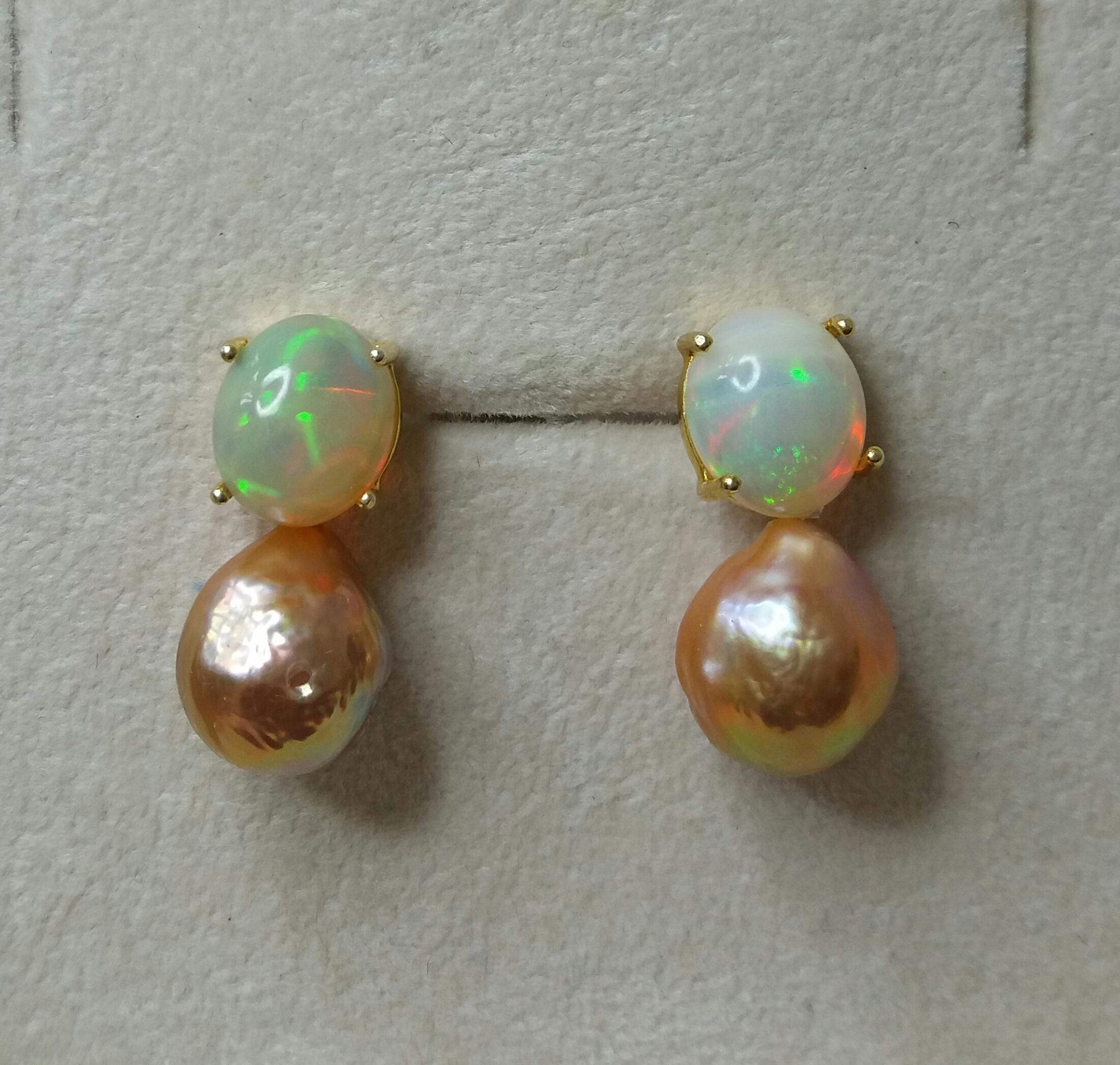 Natural Golden Color Baroque Pearls Solid Opal Cabochons Yellow Gold Earrings For Sale 1