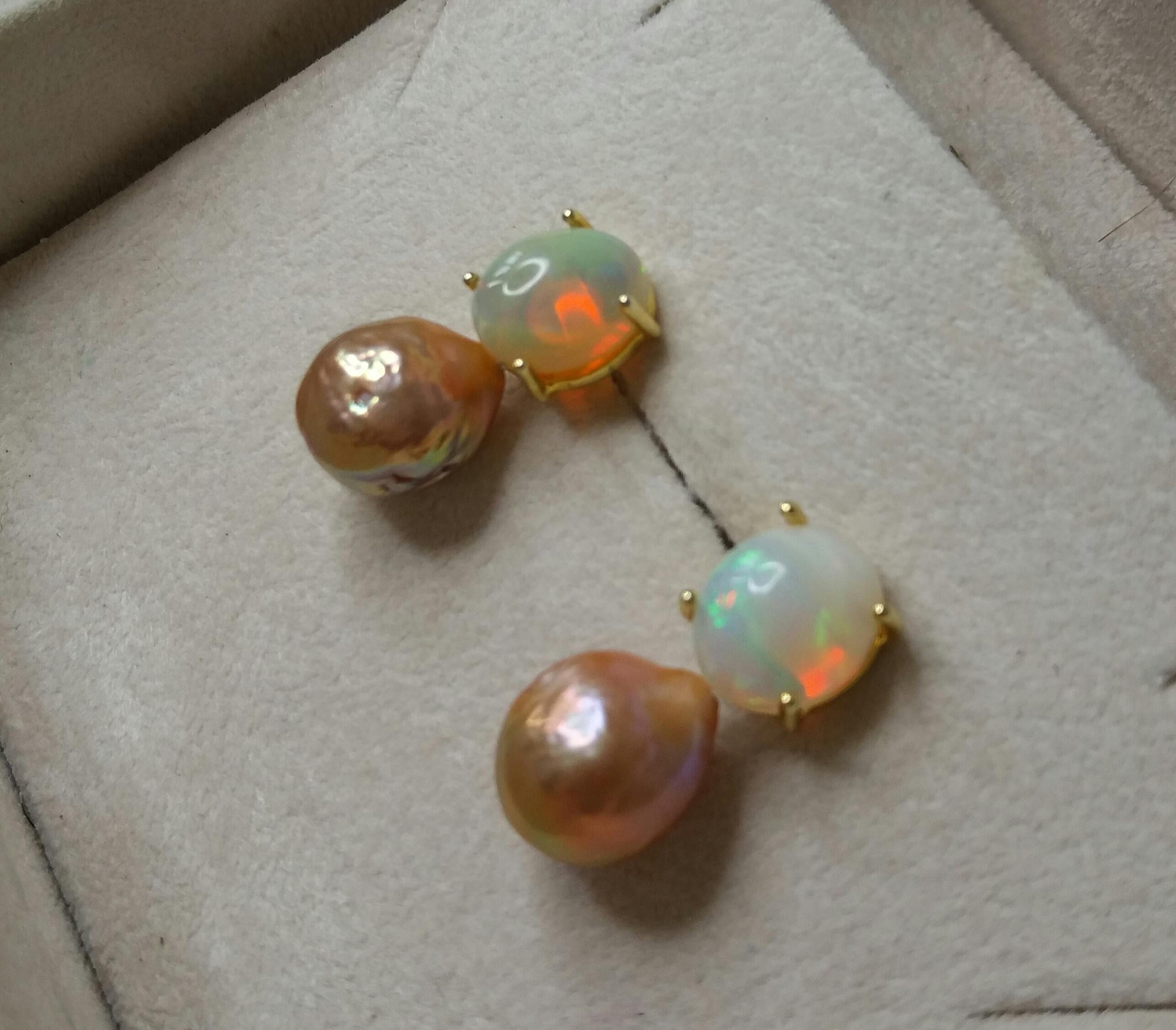 Women's Natural Golden Color Baroque Pearls Solid Opal Cabochons Yellow Gold Earrings