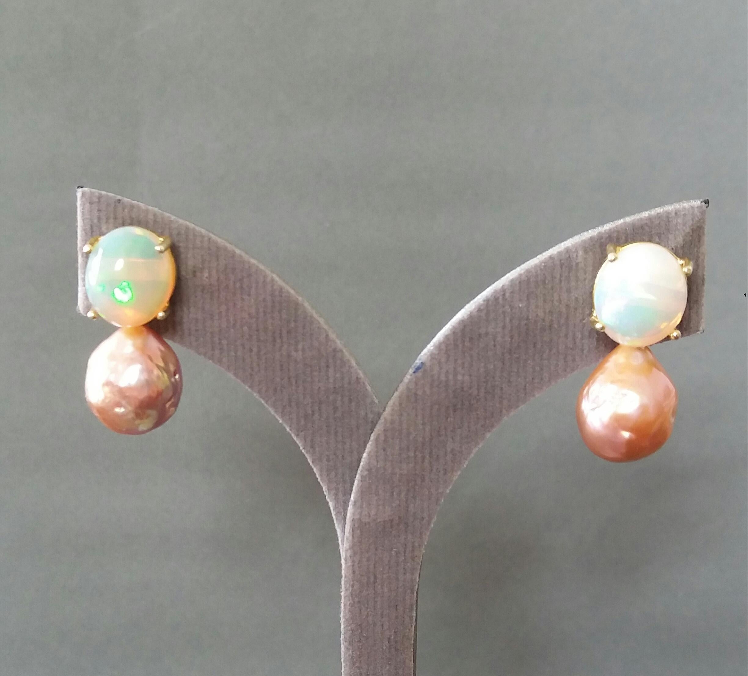 Natural Golden Color Baroque Pearls Solid Opal Cabochons Yellow Gold Earrings For Sale 3