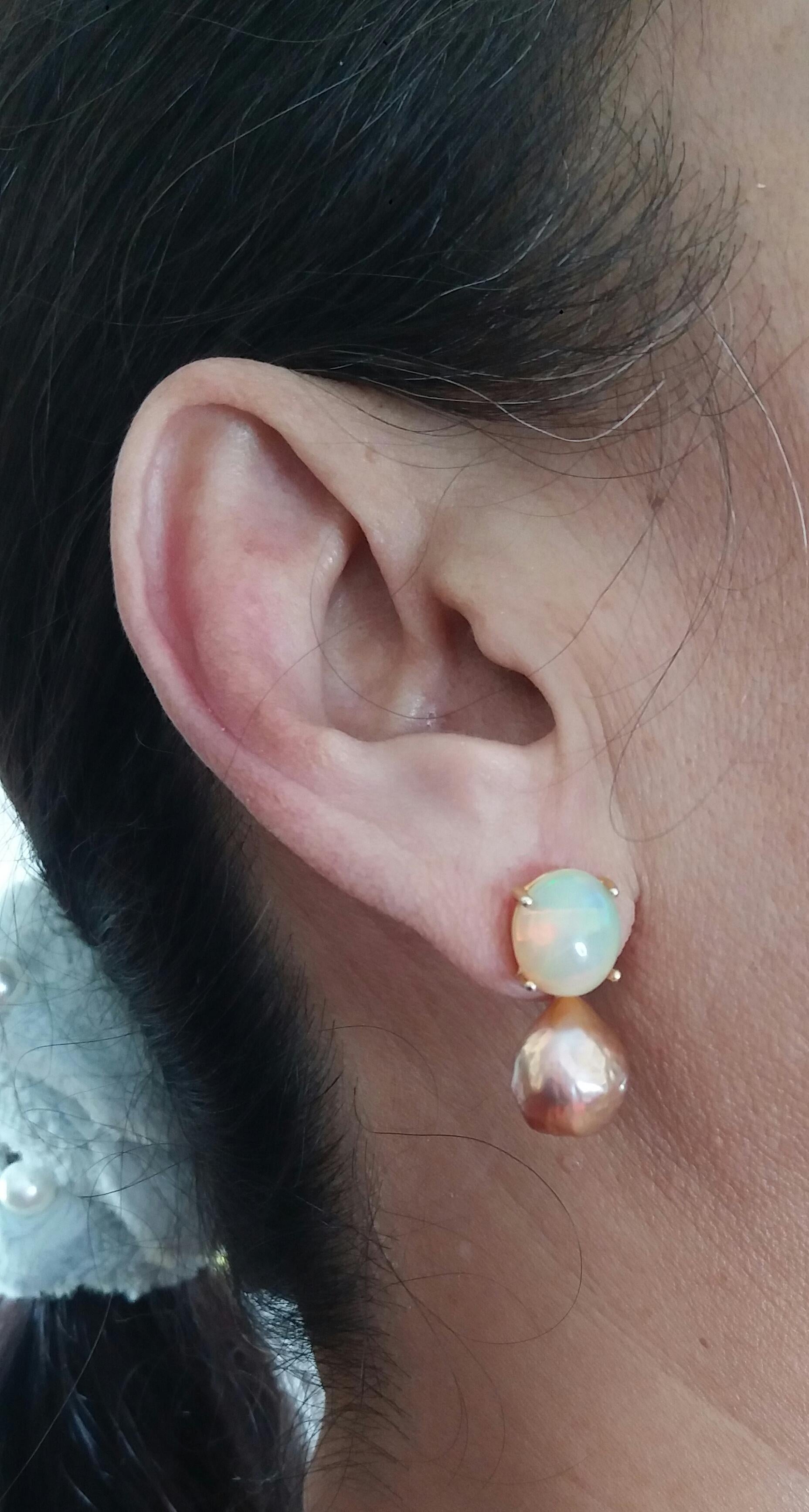 Natural Golden Color Baroque Pearls Solid Opal Cabochons Yellow Gold Earrings For Sale 4