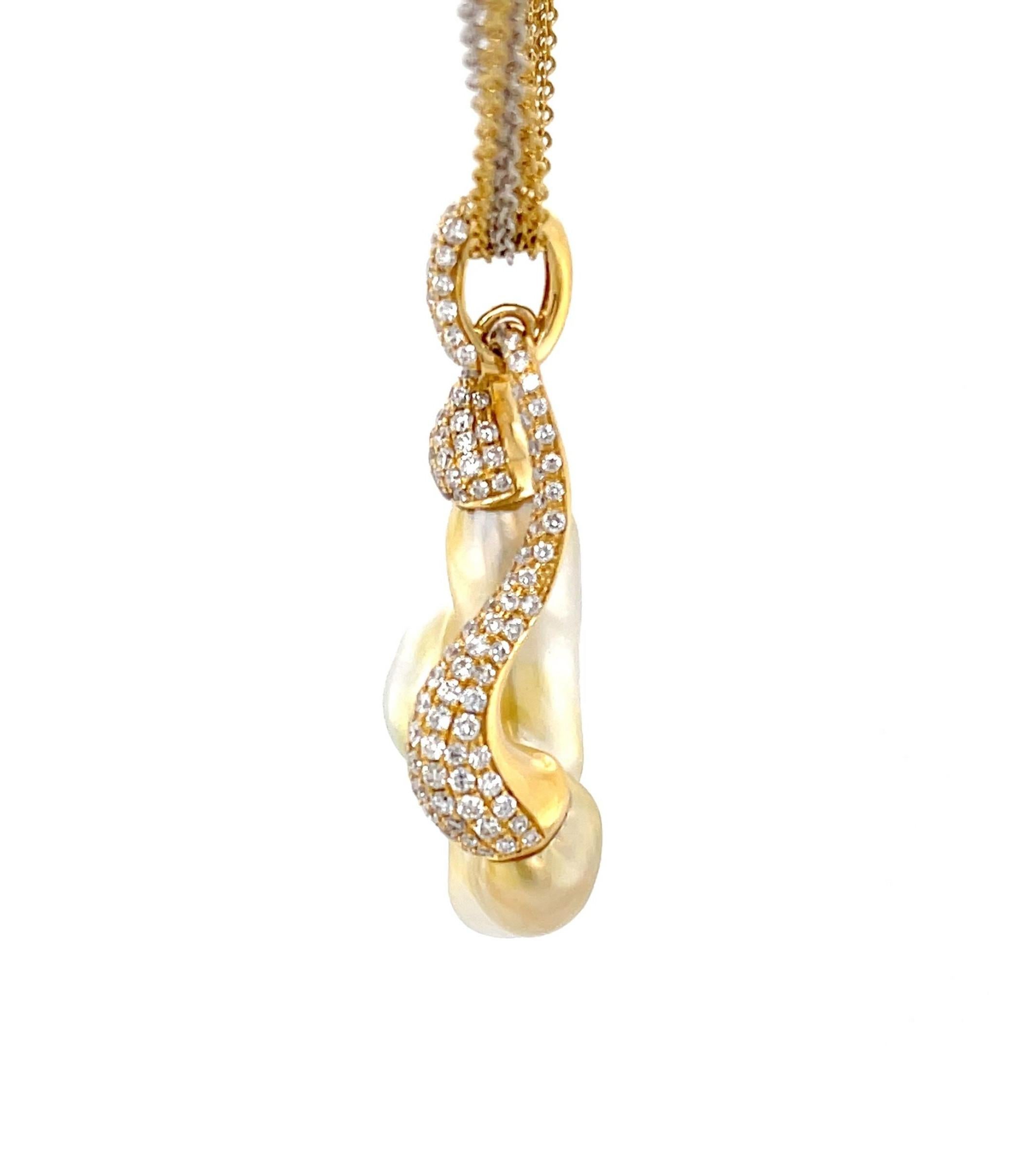 Artisan Natural Golden Keshi Pearl and Diamond Pendant with Multi-Strand Gold Chain  For Sale