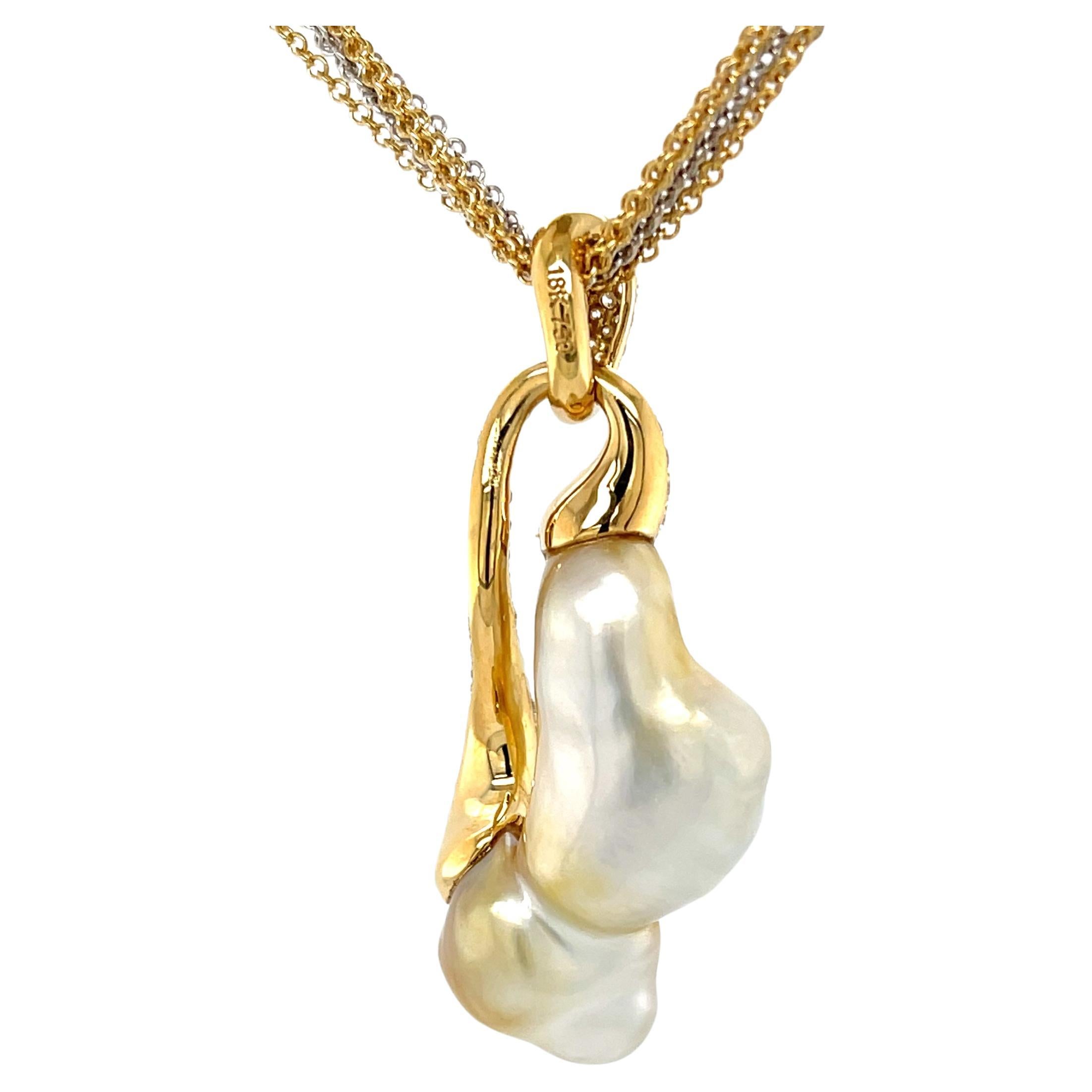 Uncut Natural Golden Keshi Pearl and Diamond Pendant with Multi-Strand Gold Chain  For Sale