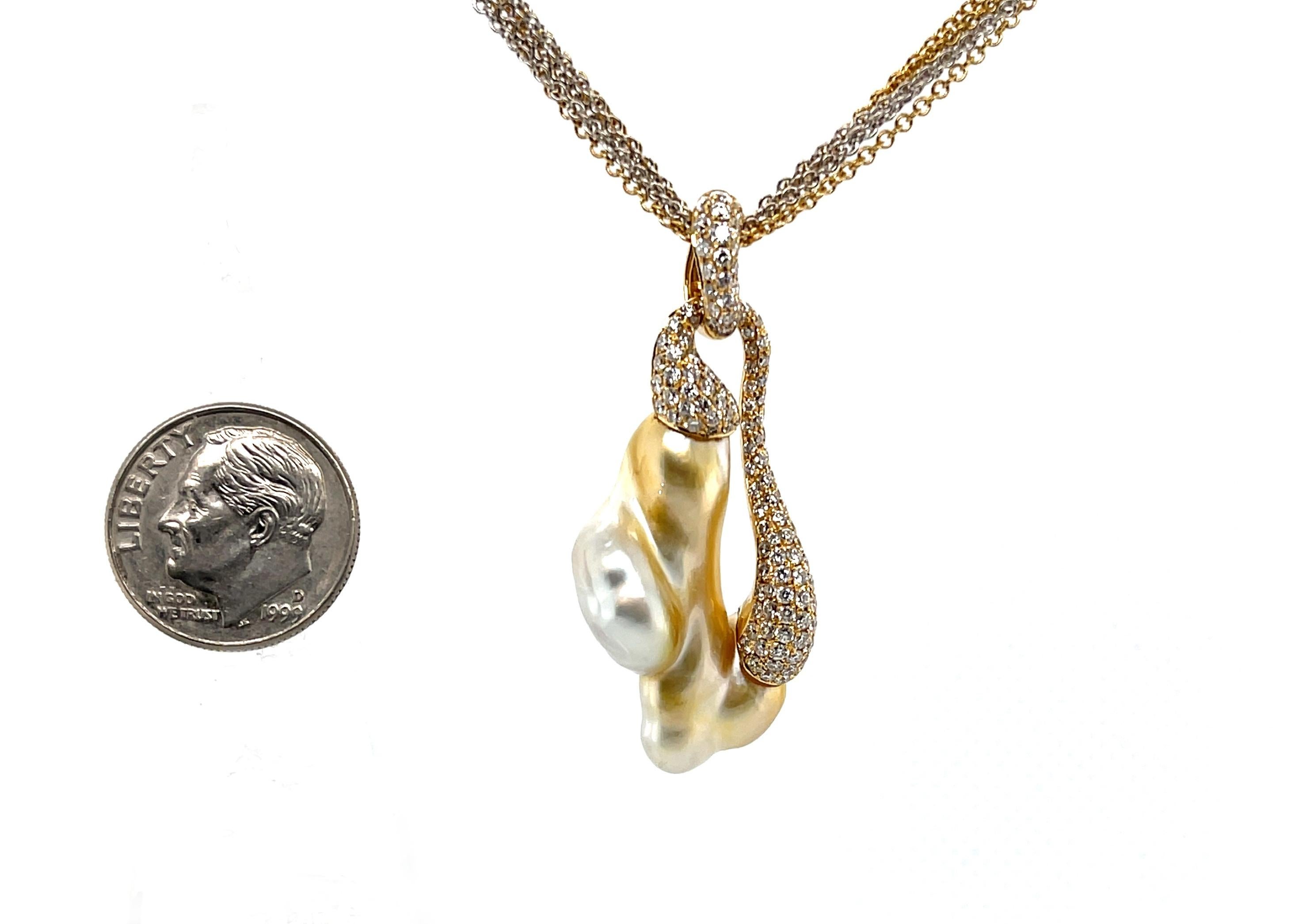 Natural Golden Keshi Pearl and Diamond Pendant with Multi-Strand Gold Chain  In New Condition For Sale In Los Angeles, CA