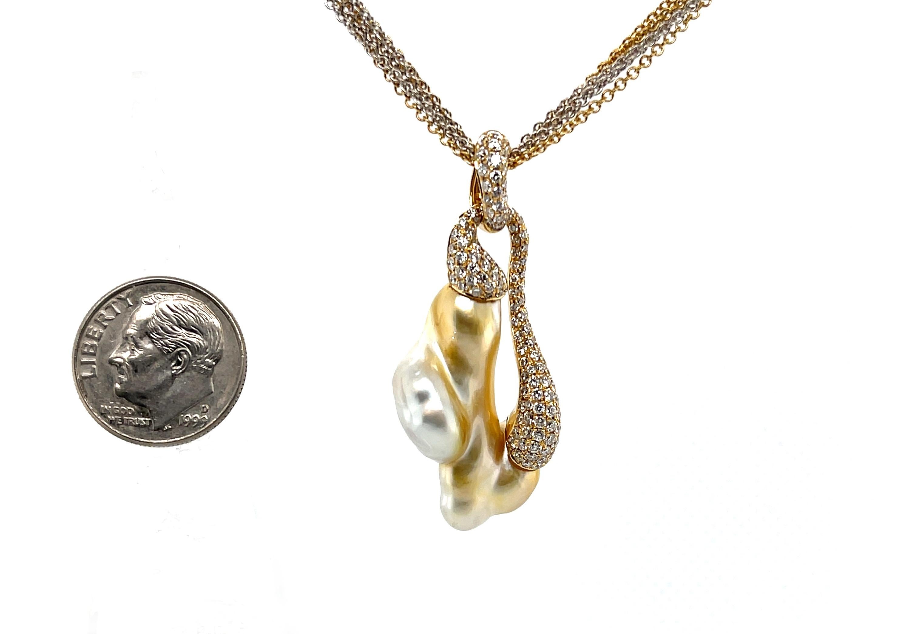 Colgante de perla dorada natural Keshi y diamante con cadena de oro de varios hilos en Nuevo estado para la venta en Los Angeles, CA