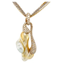 Natural Golden Keshi Pearl and Diamond Pendant with Multi-Strand Gold Chain