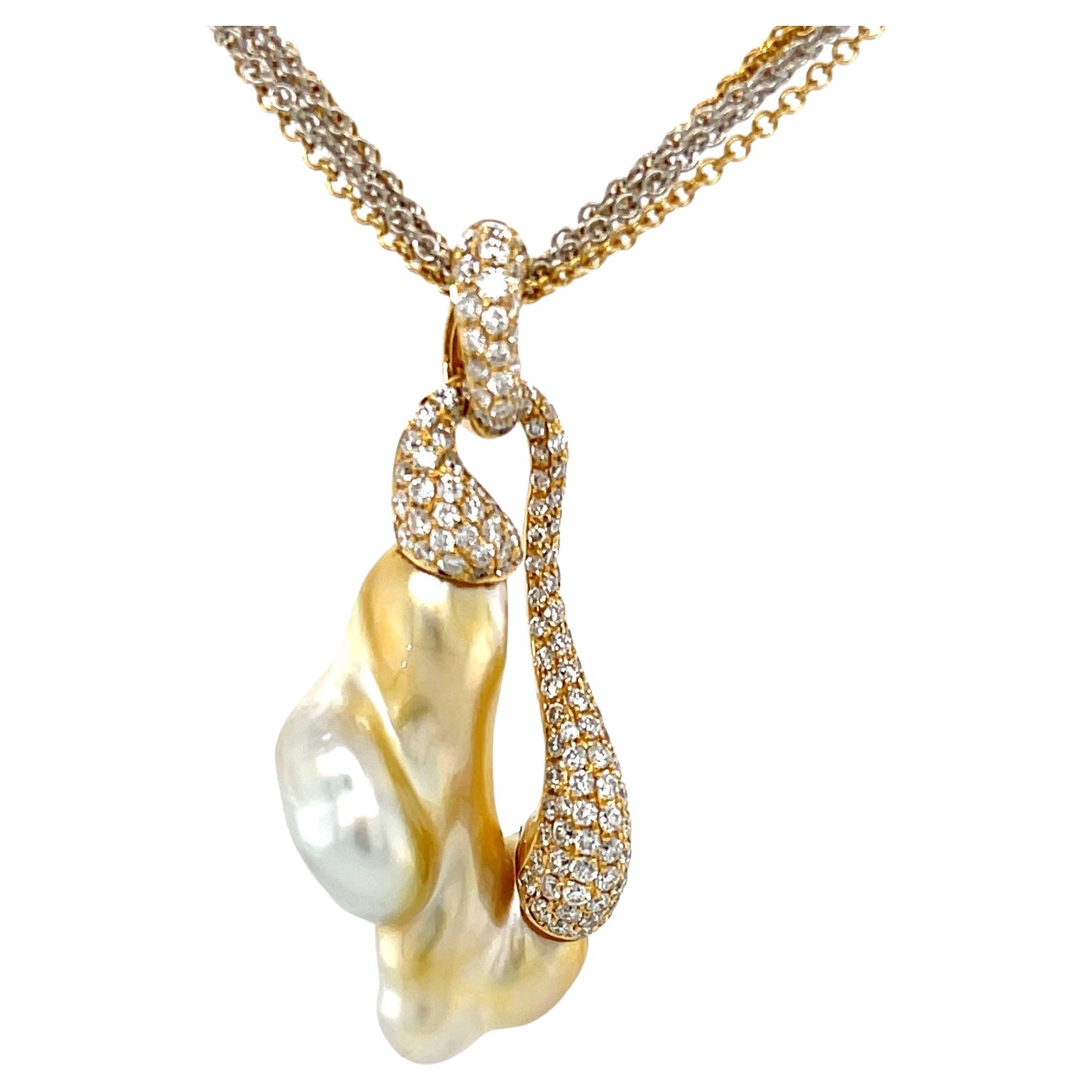 Natural Golden Keshi Pearl and Diamond Pendant with Multi-Strand Gold Chain  For Sale