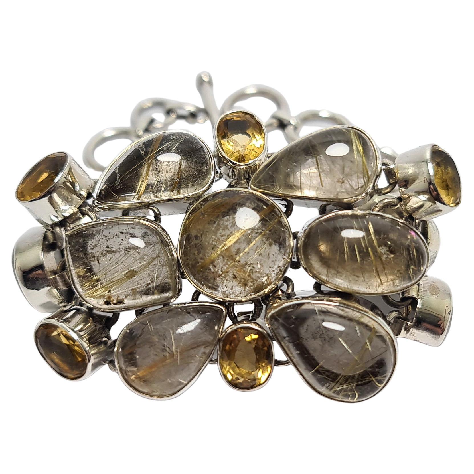 Natural Golden Rutile Citrine 925 Sterling Silver Adjustable Bracelet