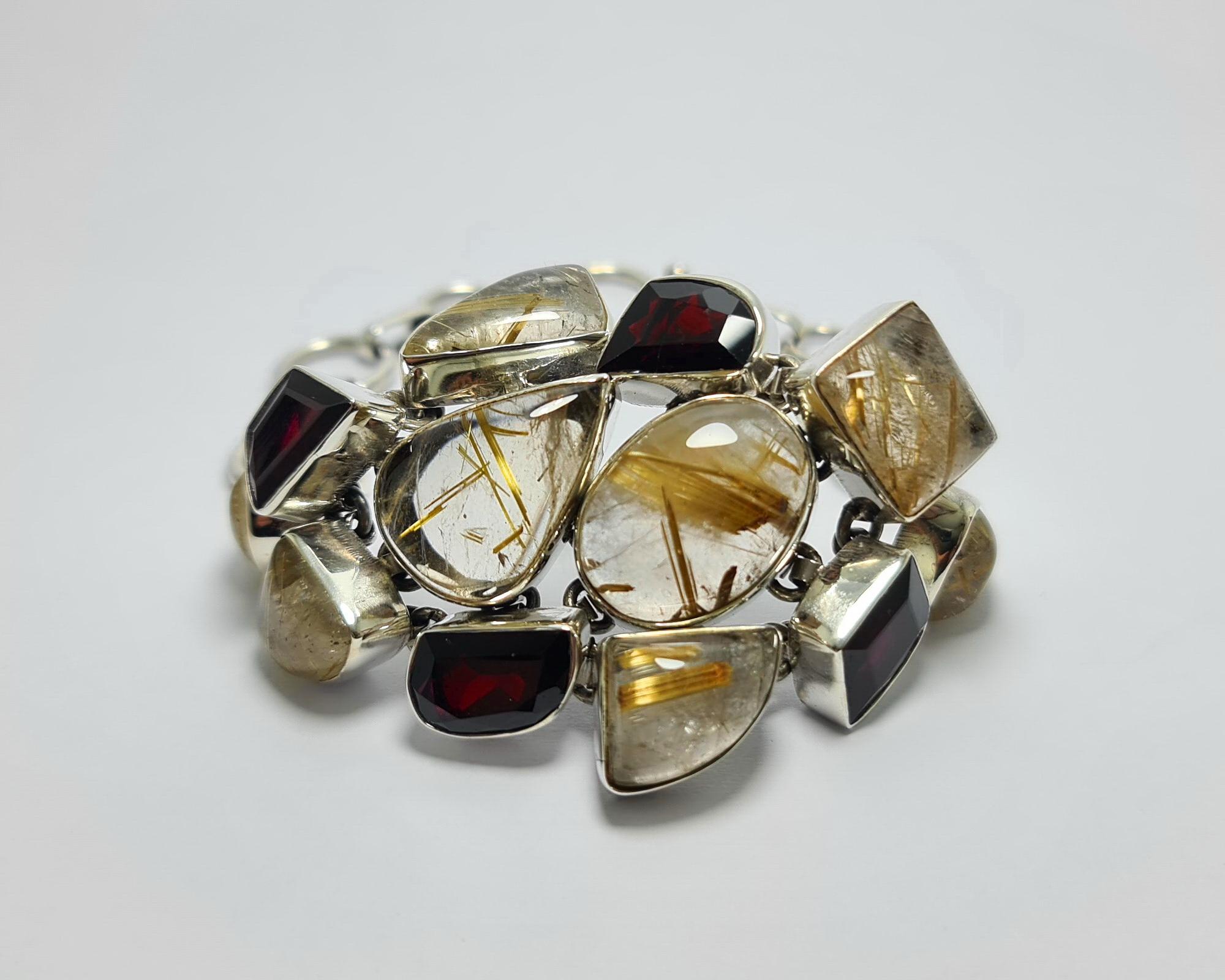 Retro Natural Golden Rutile Garnet .925 Sterling Silver Bracelet For Sale