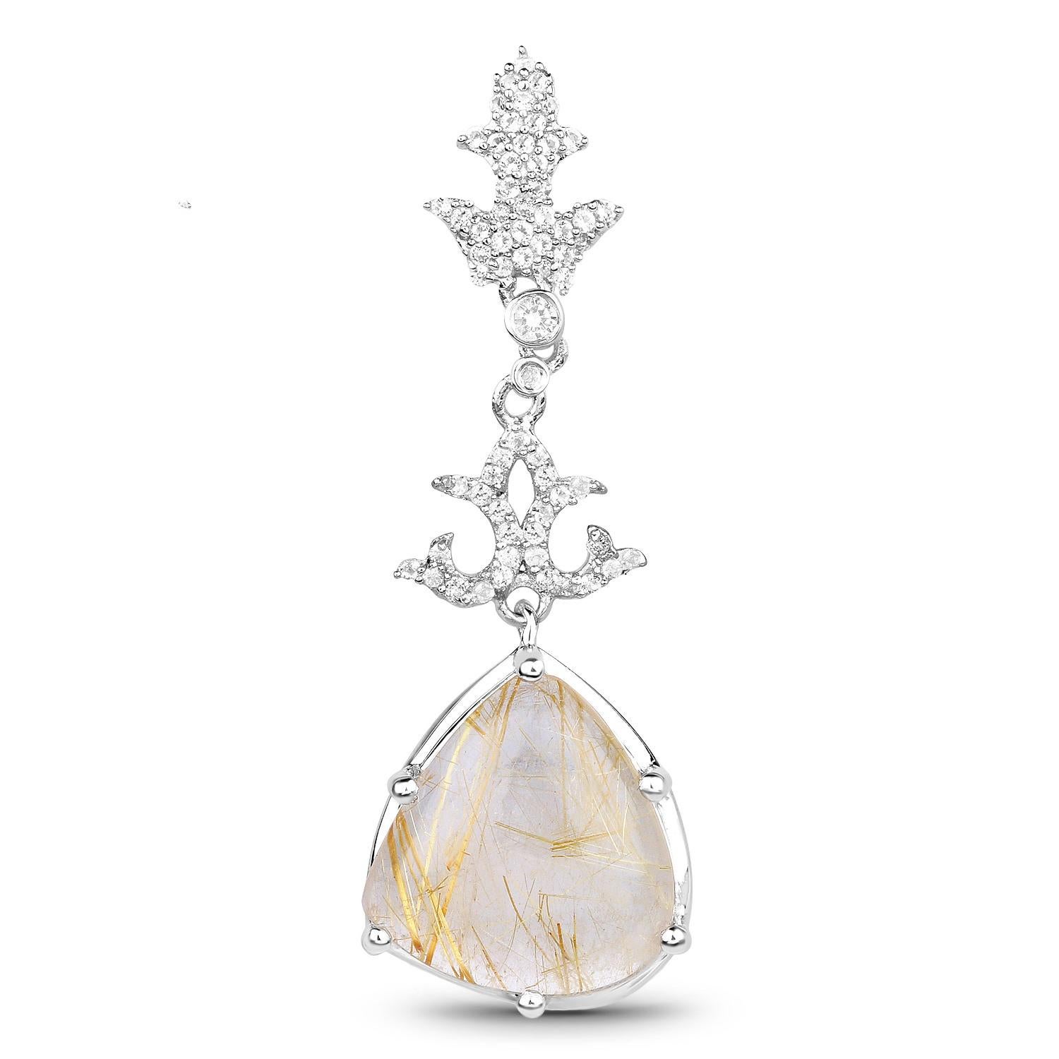 Contemporary Natural Golden Rutile Quartz Dangle Earrings Set with Topaz For Sale