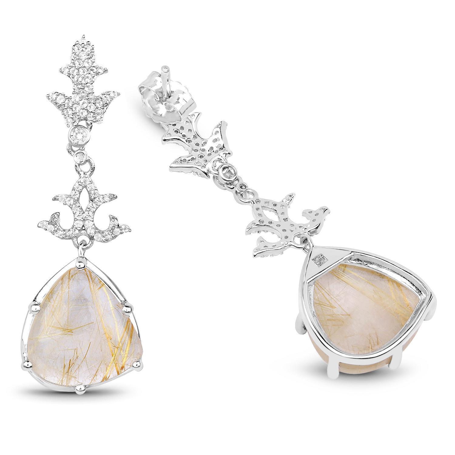 Trillion Cut Natural Golden Rutile Quartz Dangle Earrings Set with Topaz For Sale