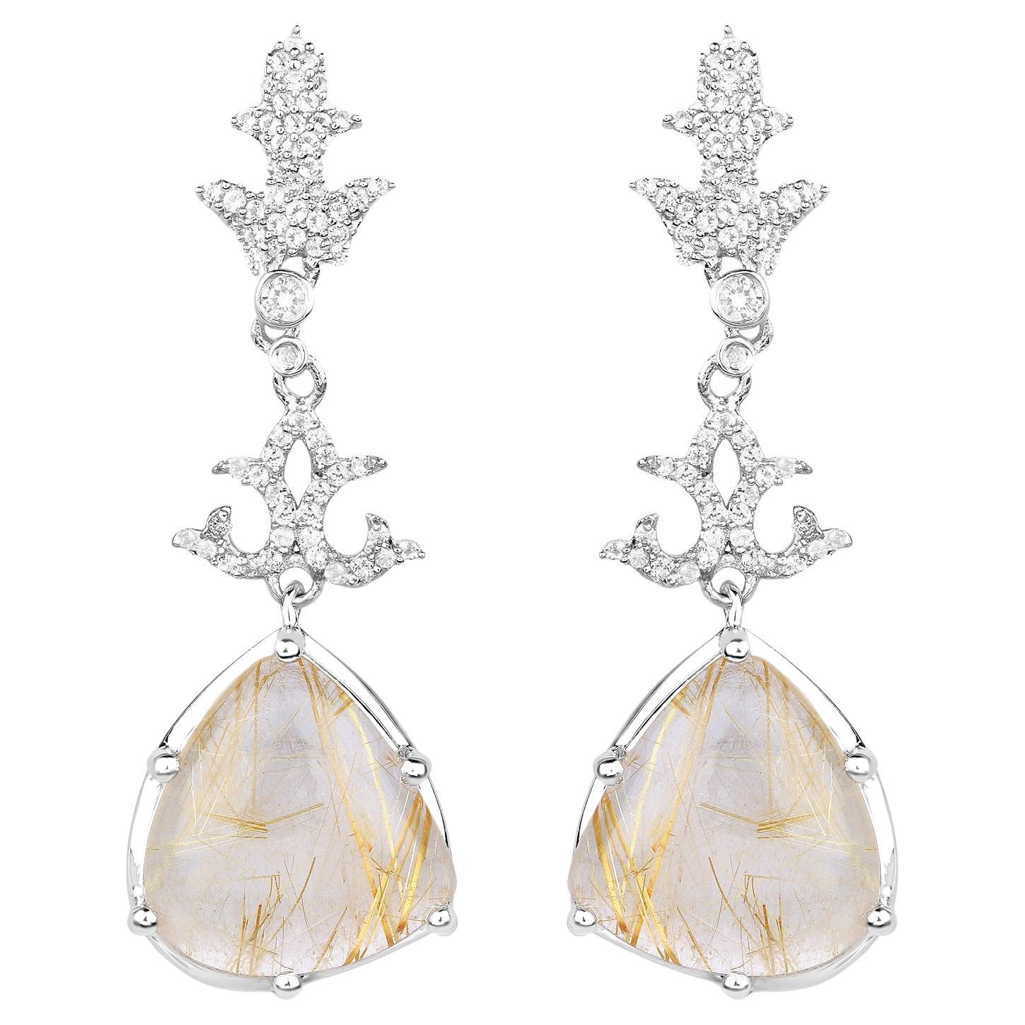 Natural Golden Rutile Quartz Dangle Earrings Set with Topaz