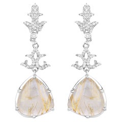 Natural Golden Rutile Quartz Dangle Earrings Set with Topaz