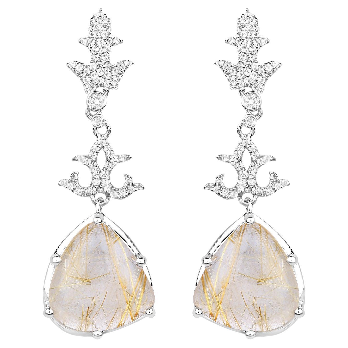 Natural Golden Rutile Quartz Dangle Earrings Set with Topaz