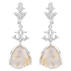 Natural Golden Rutile Quartz Dangle Earrings Set with Topaz