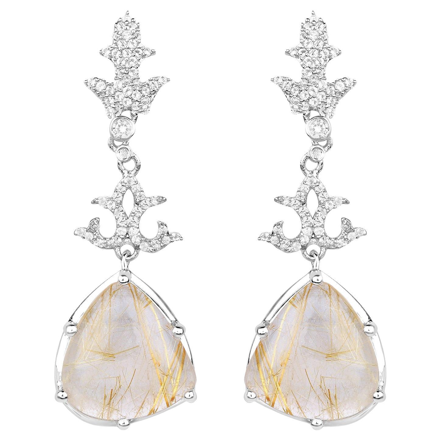 Natural Golden Rutile Quartz Dangle Earrings Set with Topaz