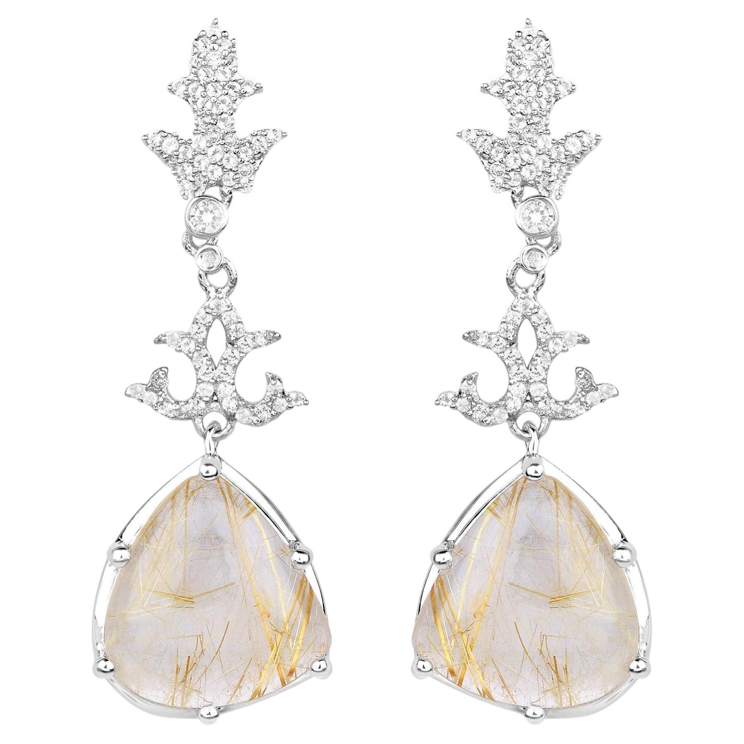 Natural Golden Rutile Quartz Dangle Earrings Set with Topaz