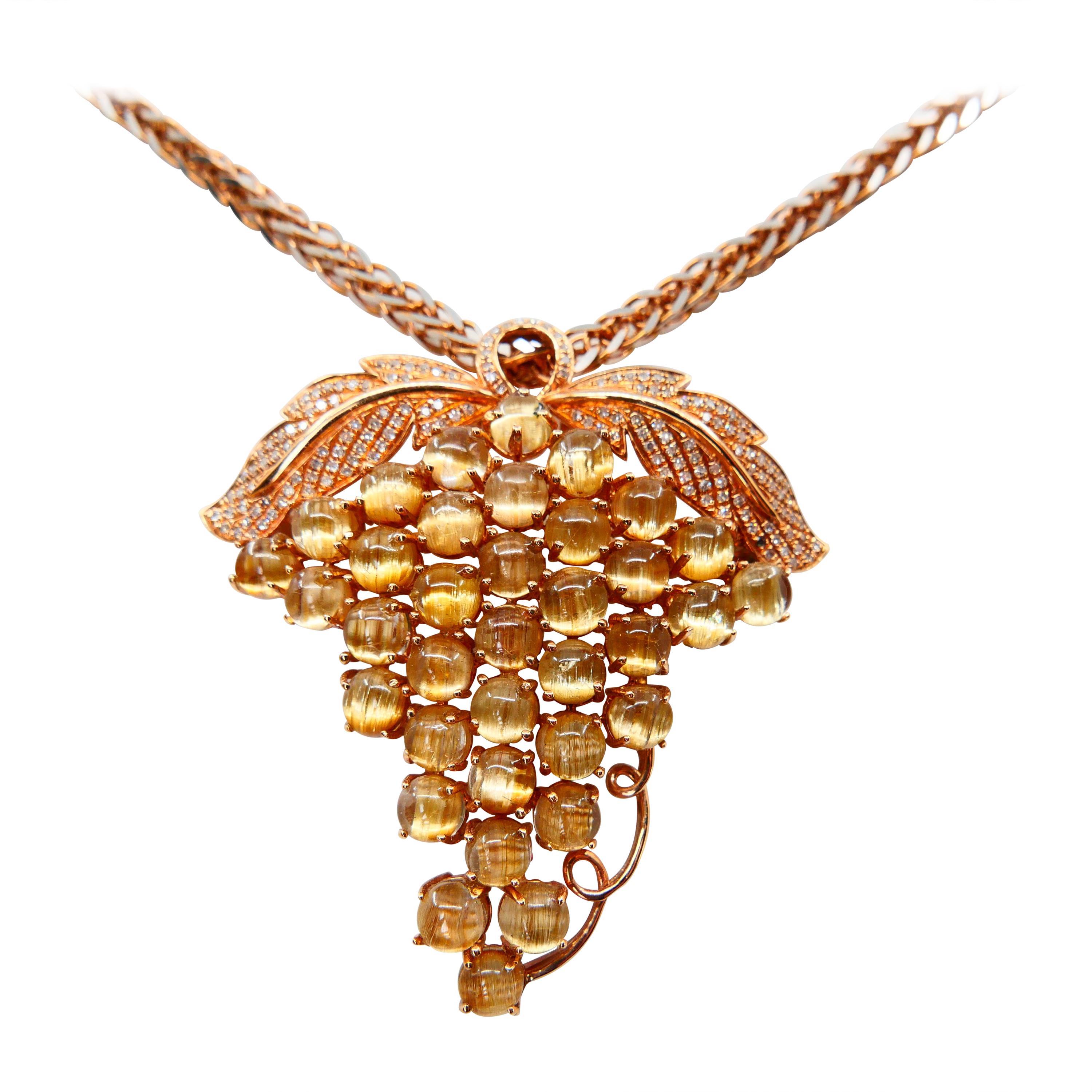 Natural Golden Rutile Quartz Gemstone and Diamond Brooch / Pendant Necklace For Sale