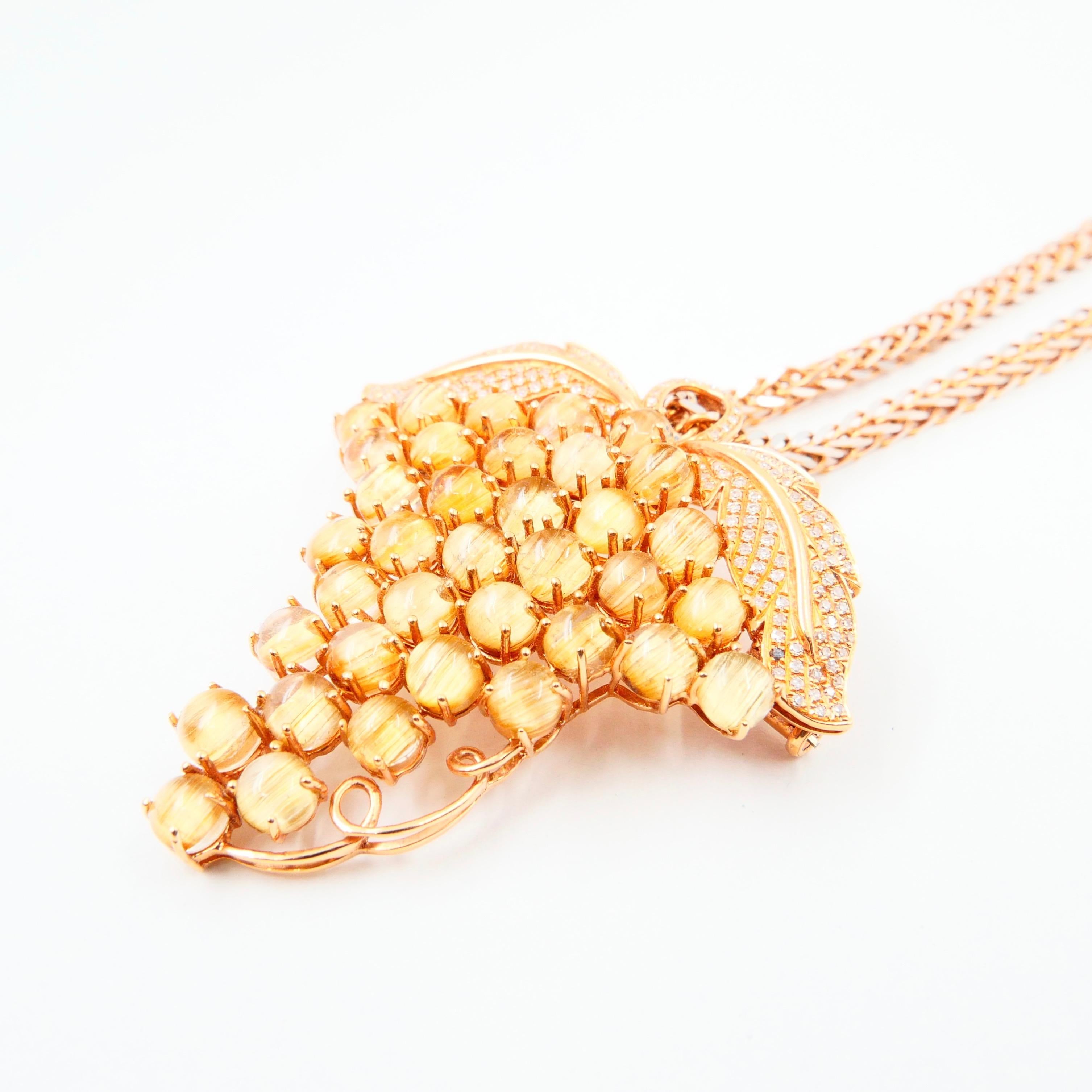 Natural Golden Rutile Quartz Gemstone and Diamond Brooch / Pendant Necklace For Sale 3